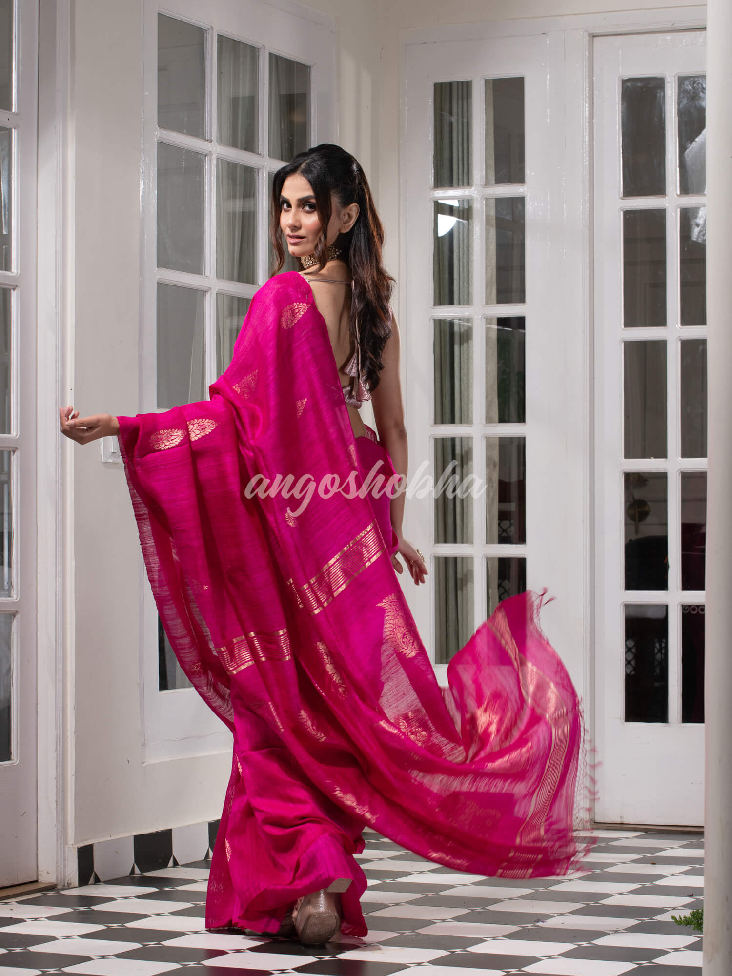 Pink  Matka Body with Golden Motifs & Kolka Pallu Handwoven Saree