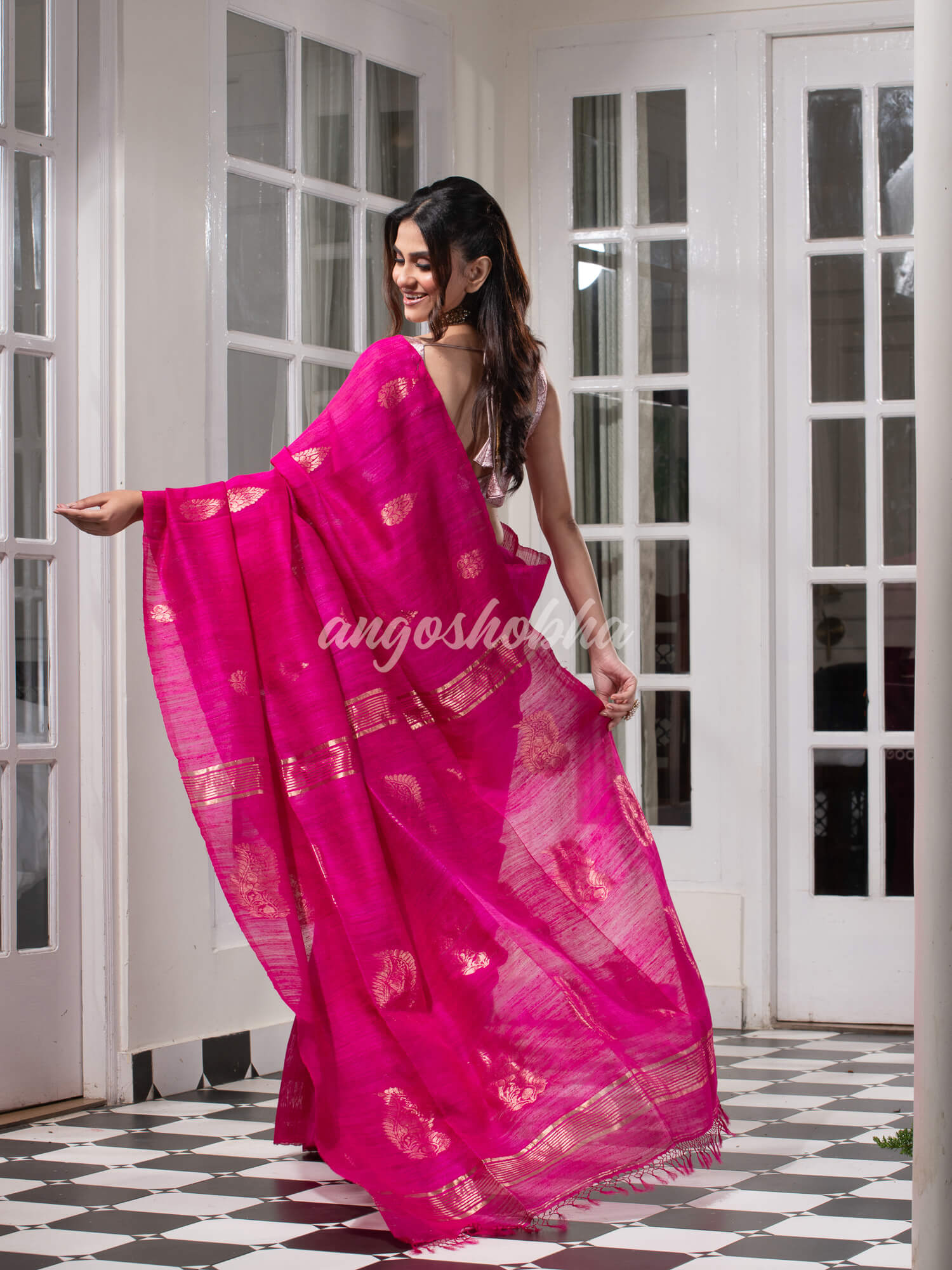 Pink  Matka Body with Golden Motifs & Kolka Pallu Handwoven Saree