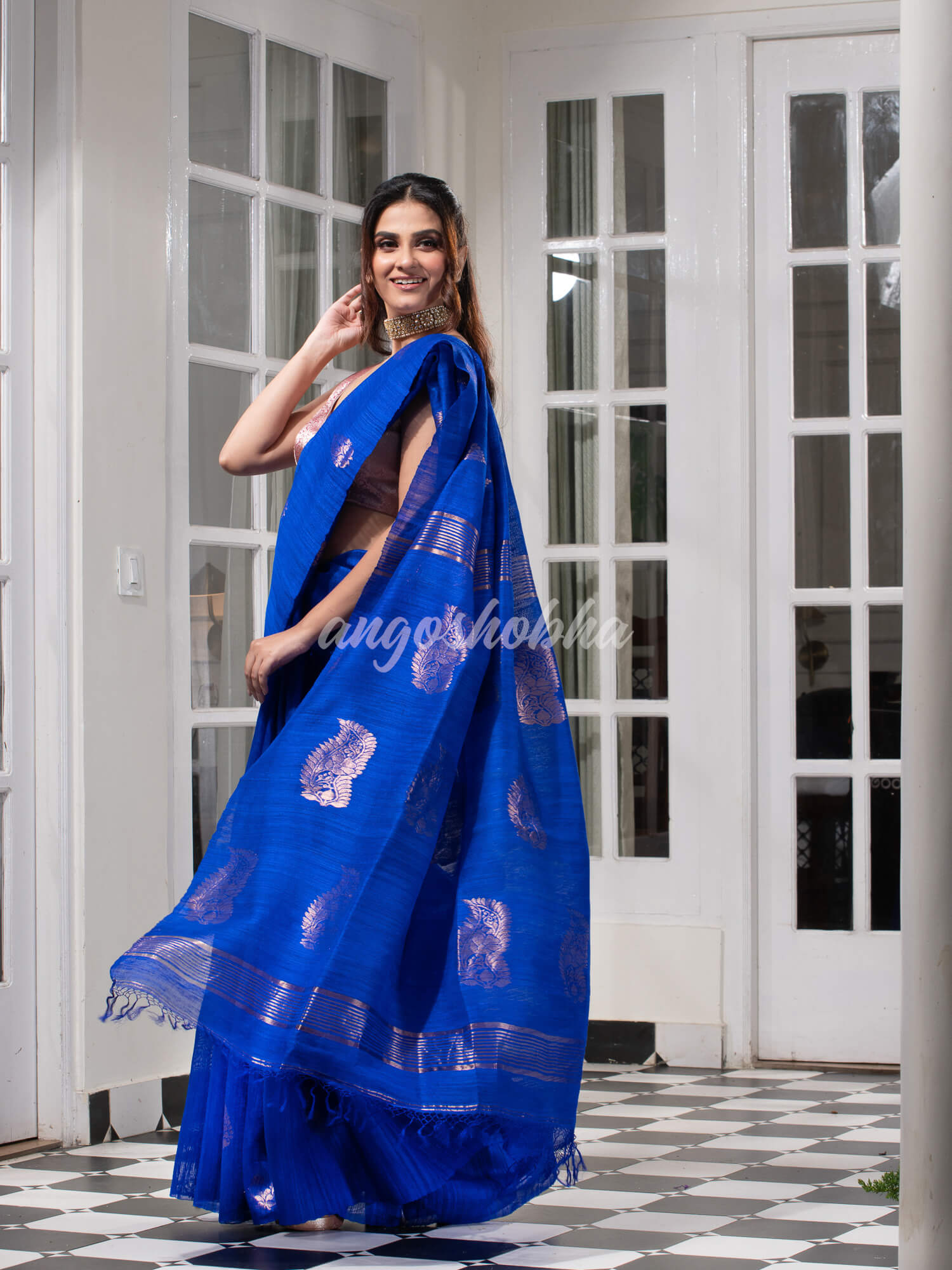 Royal Blue Matka Body with Golden Motifs & Kolka Pallu Handwoven Saree