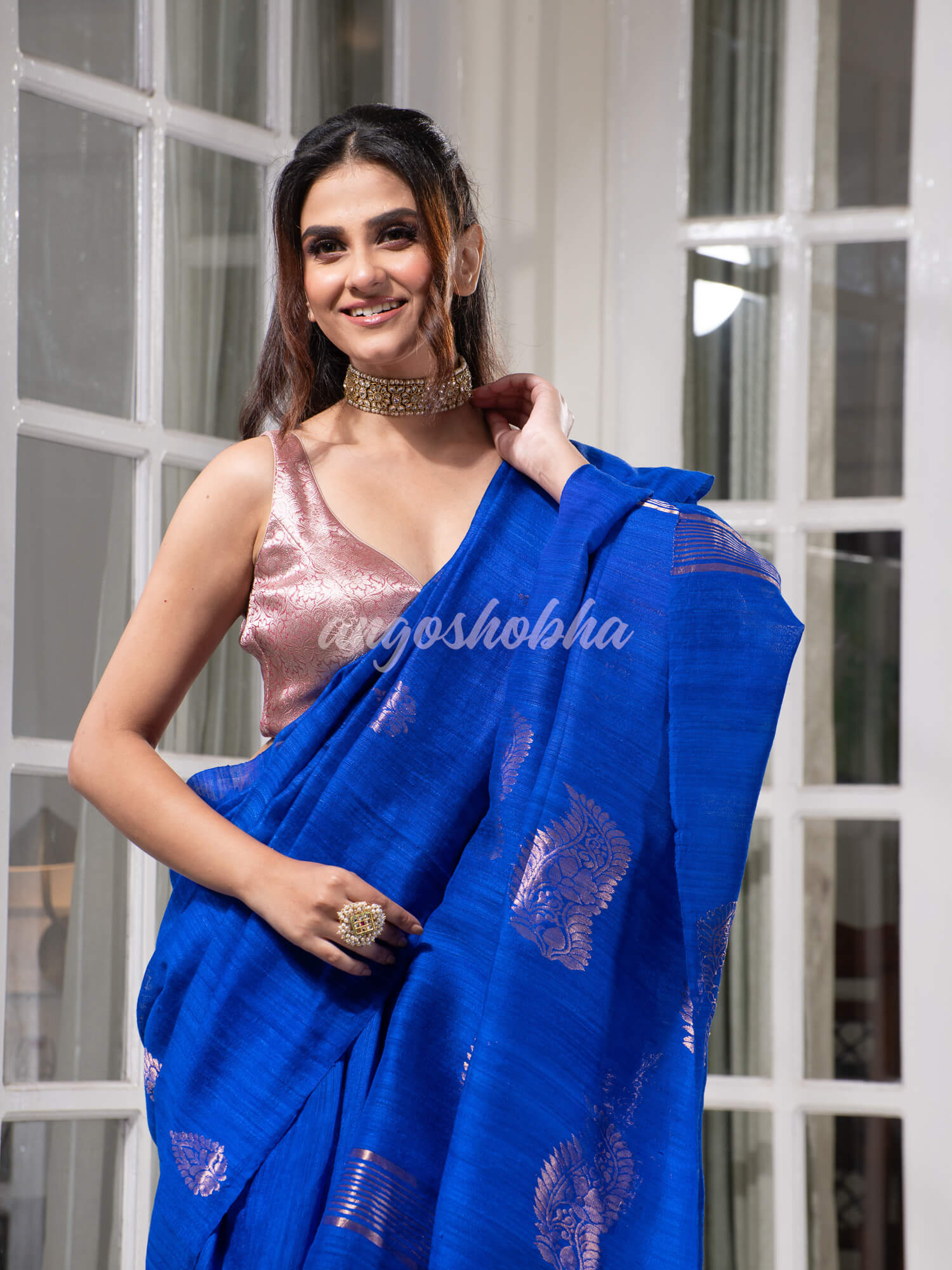 Royal Blue Matka Body with Golden Motifs & Kolka Pallu Handwoven Saree