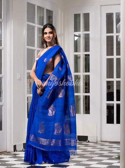 Royal Blue Matka Body with Golden Motifs & Kolka Pallu Handwoven Saree