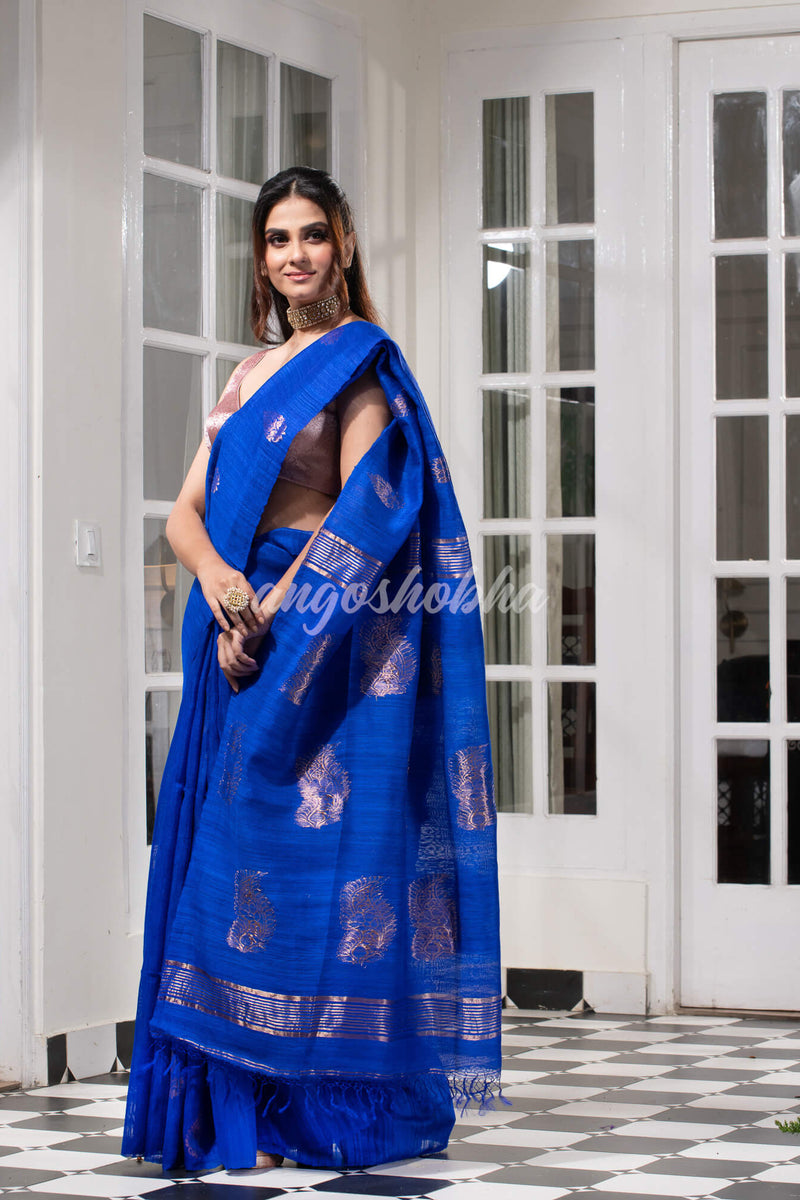 Royal Blue Matka Body with Golden Motifs & Kolka Pallu Handwoven Saree