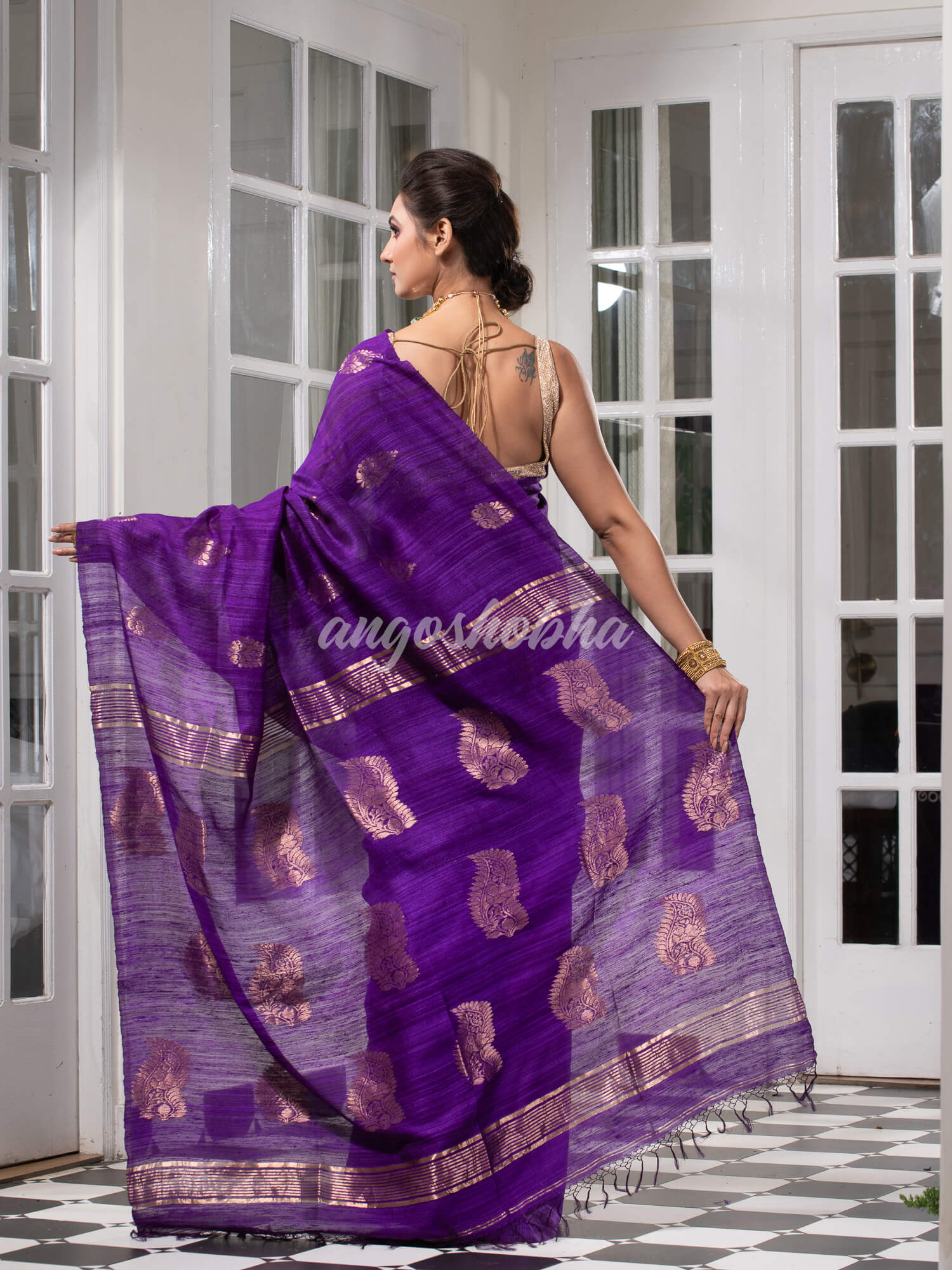 Purple Matka Body with Golden Motifs & Kolka Pallu Handwoven Saree
