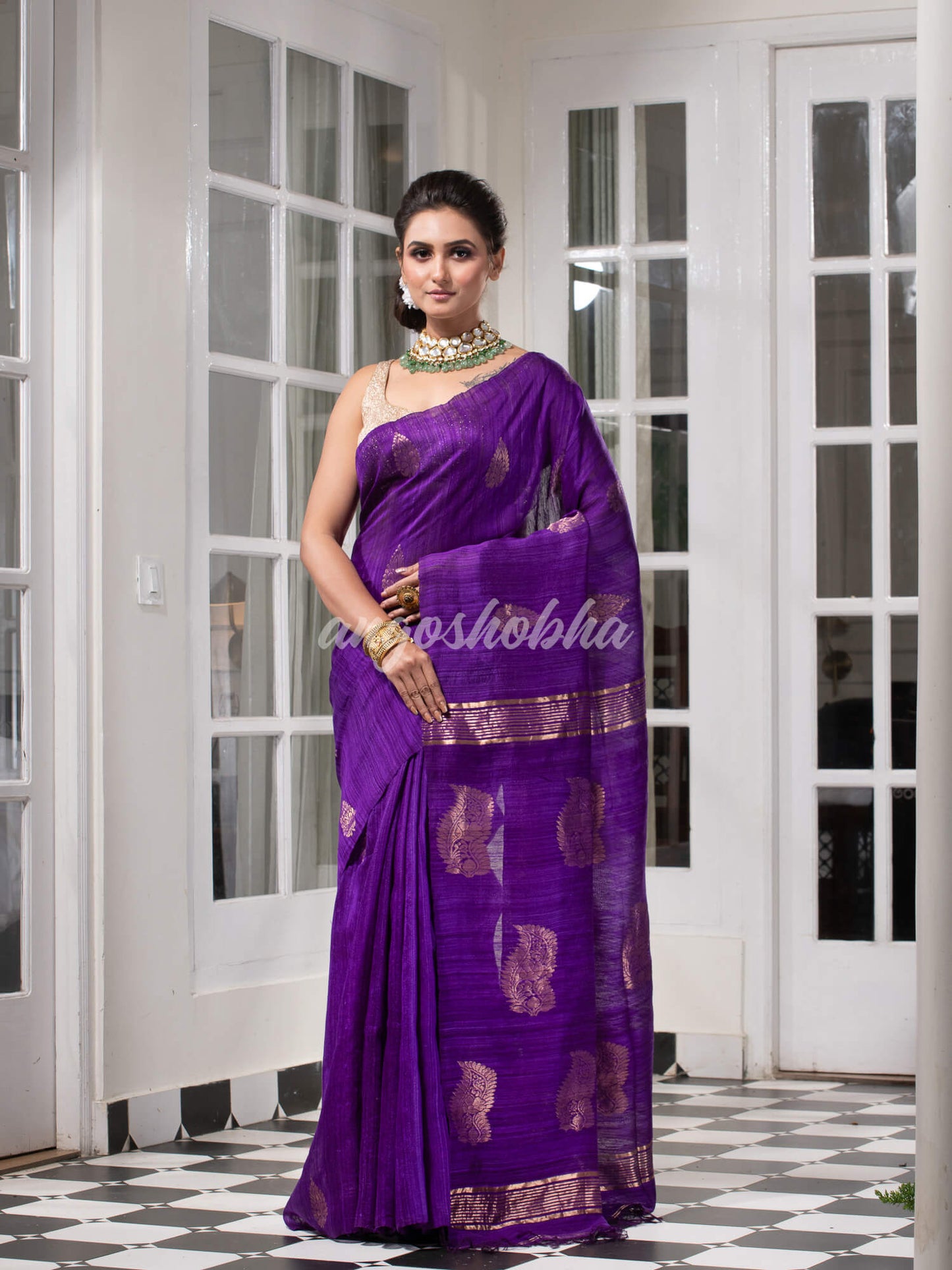 Purple Matka Body with Golden Motifs & Kolka Pallu Handwoven Saree