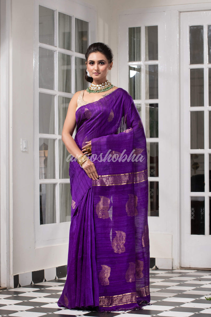 Purple Matka Body with Golden Motifs & Kolka Pallu Handwoven Saree