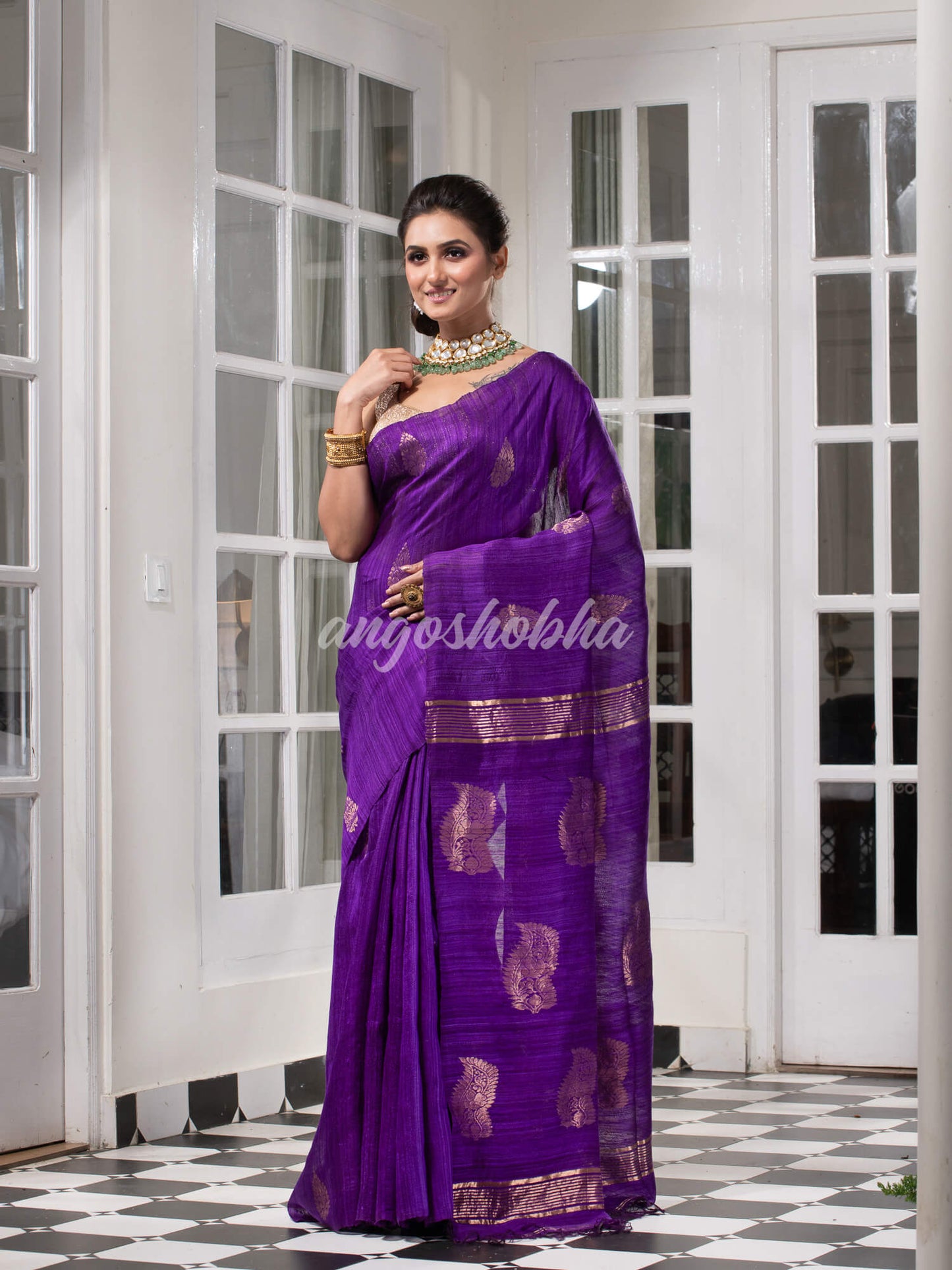 Purple Matka Body with Golden Motifs & Kolka Pallu Handwoven Saree