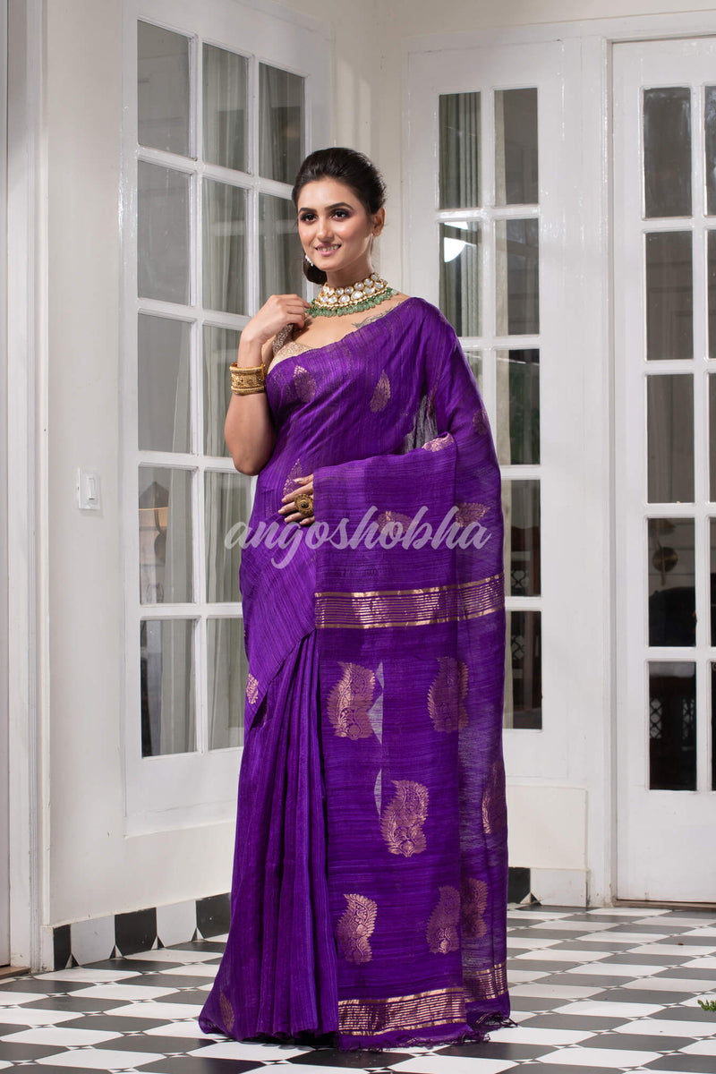 Purple Matka Body with Golden Motifs & Kolka Pallu Handwoven Saree