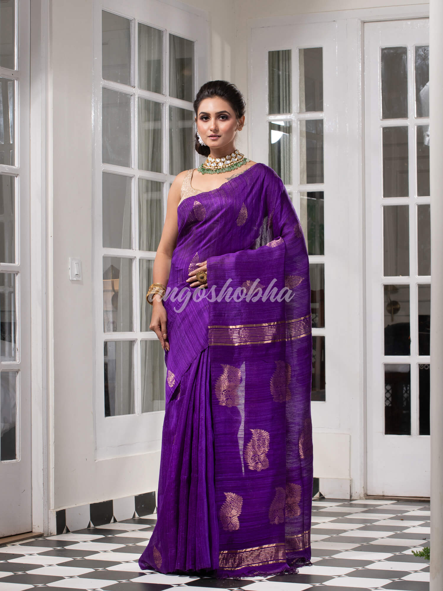 Purple Matka Body with Golden Motifs & Kolka Pallu Handwoven Saree