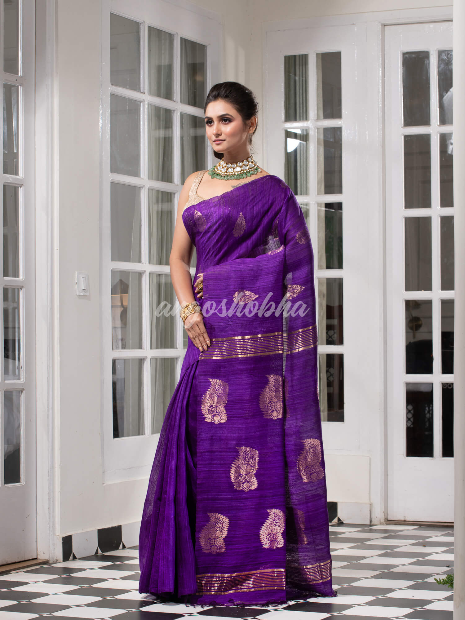 Purple Matka Body with Golden Motifs & Kolka Pallu Handwoven Saree