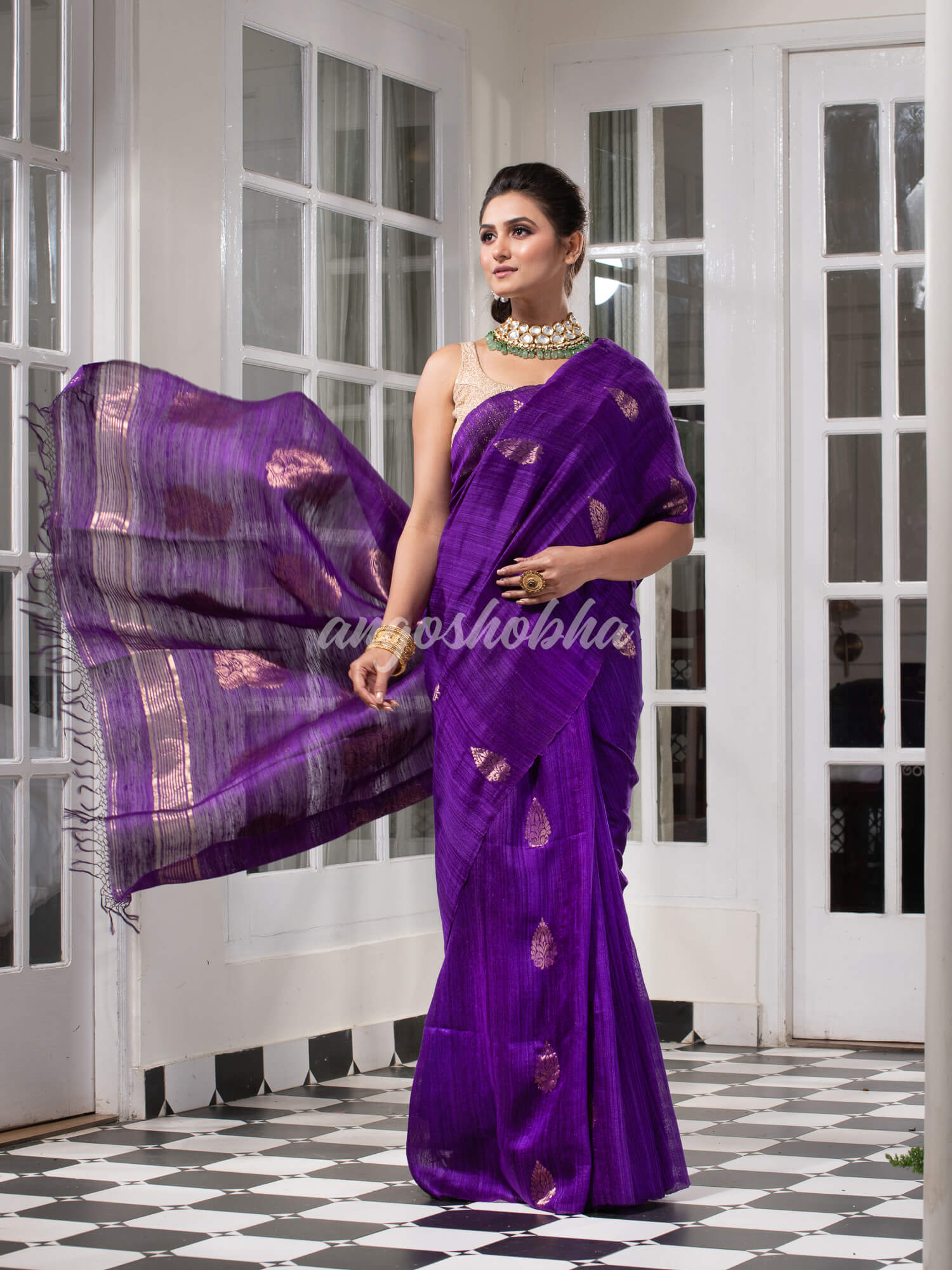 Purple Matka Body with Golden Motifs & Kolka Pallu Handwoven Saree