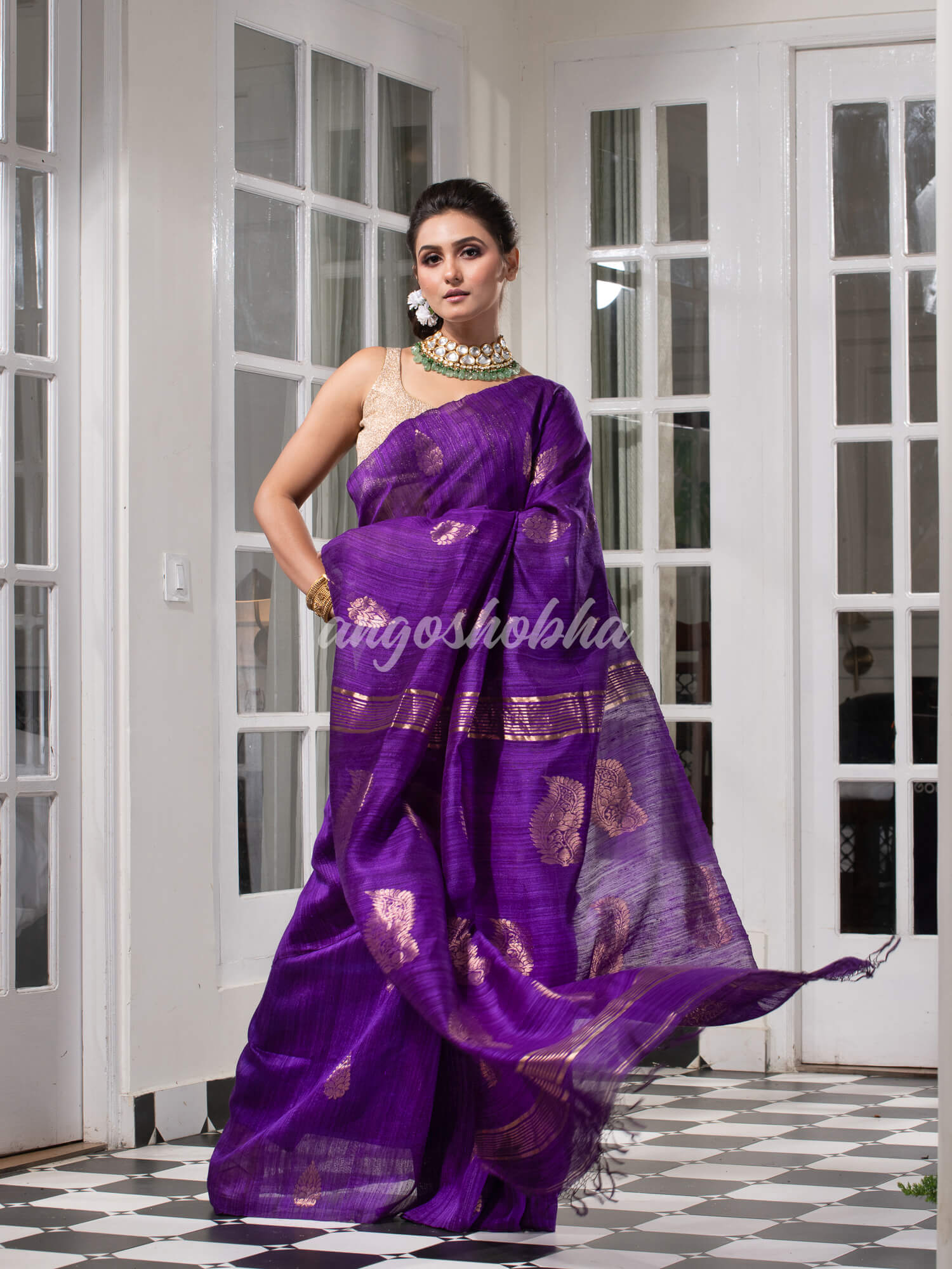 Purple Matka Body with Golden Motifs & Kolka Pallu Handwoven Saree