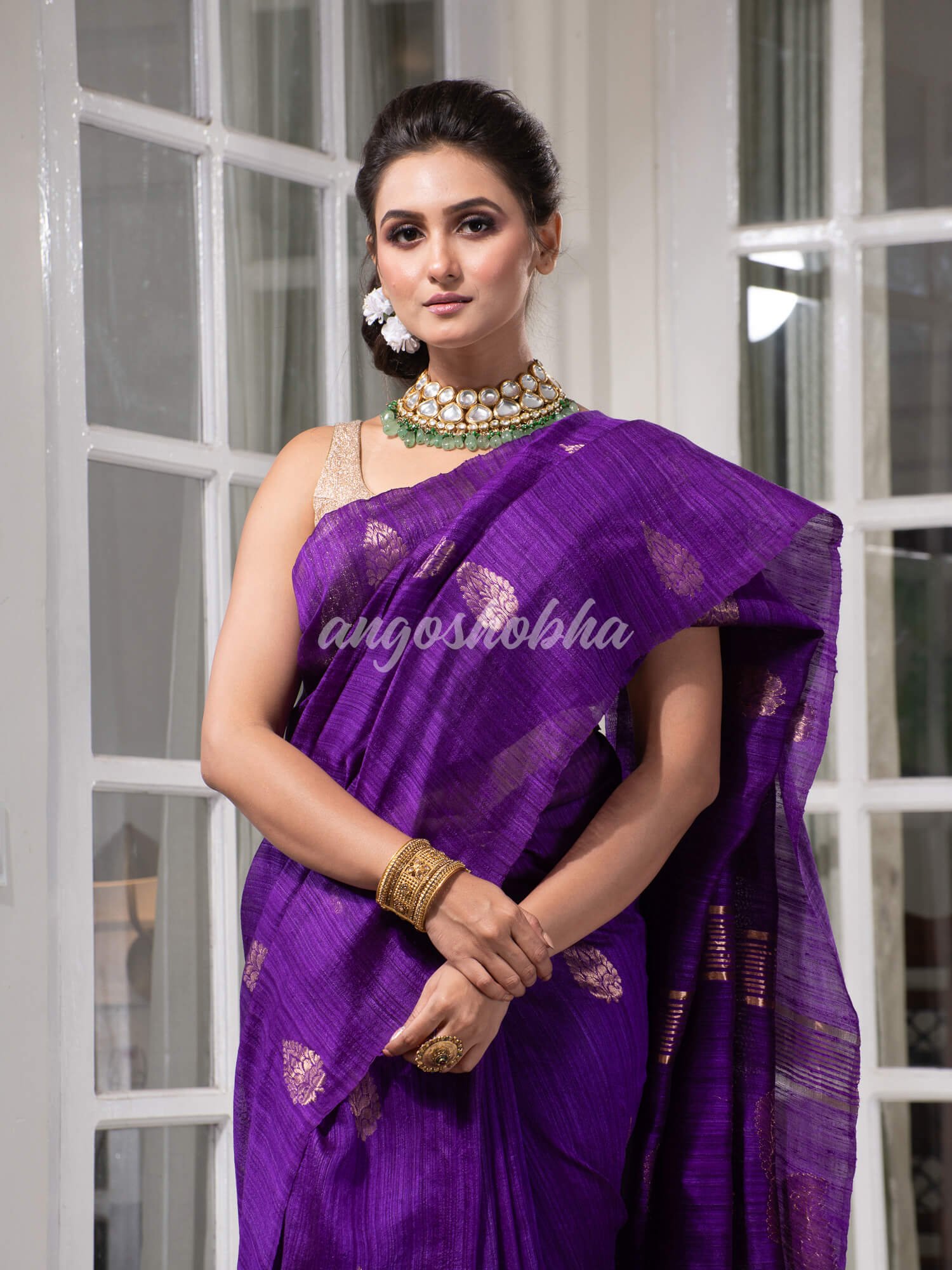 Purple Matka Body with Golden Motifs & Kolka Pallu Handwoven Saree