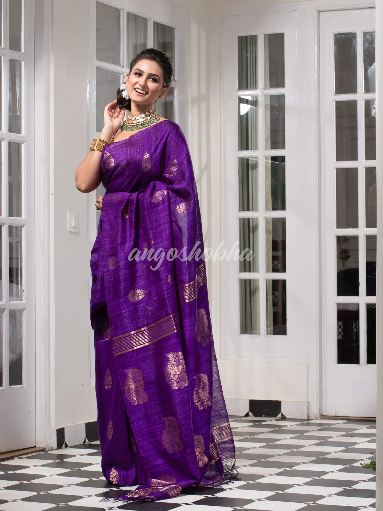 Purple Matka Body with Golden Motifs & Kolka Pallu Handwoven Saree