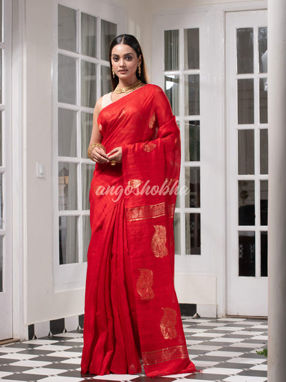 Red Matka Body with Golden Motifs & Kolka Pallu Handwoven Saree