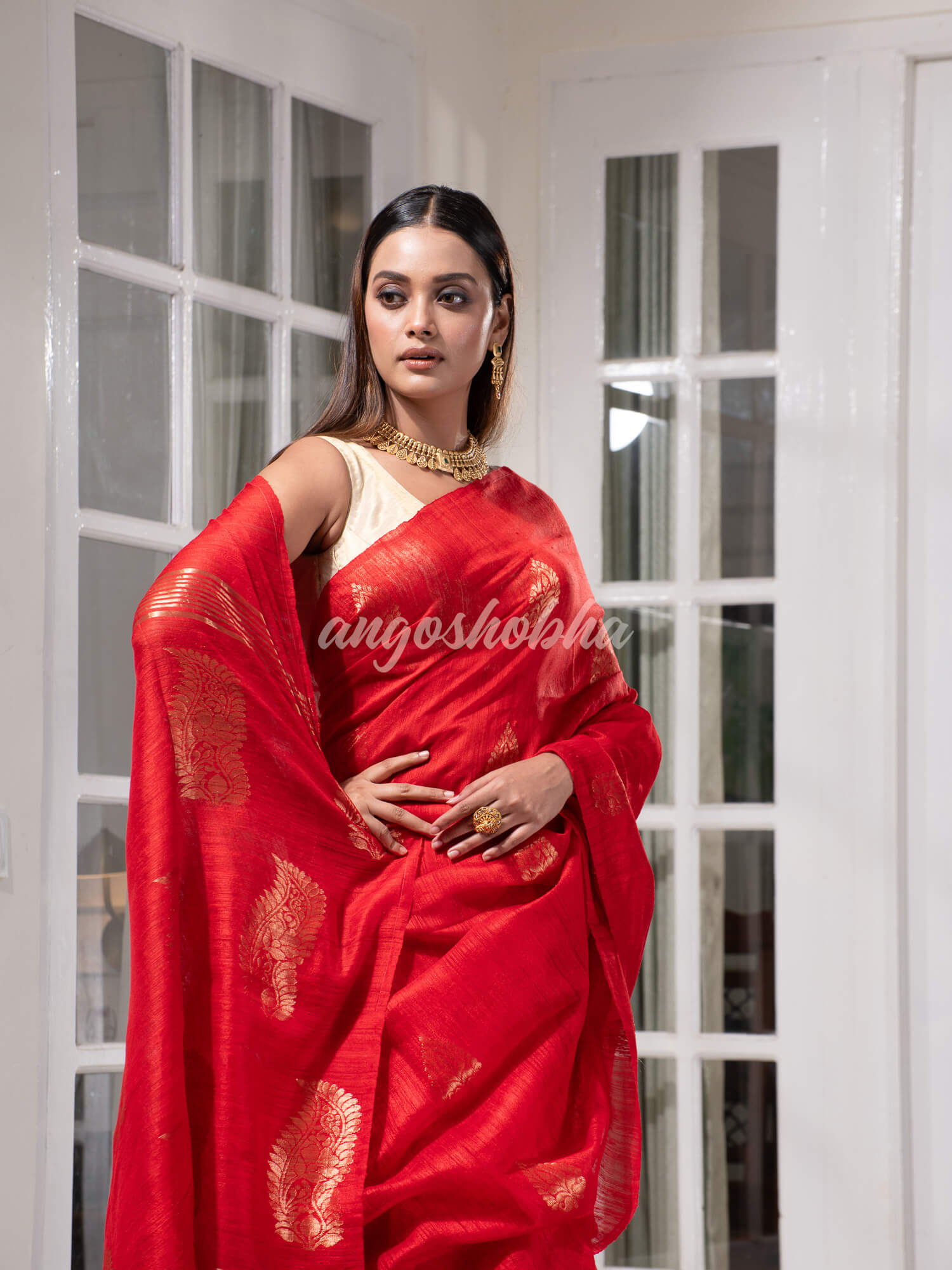 Red Matka Body with Golden Motifs & Kolka Pallu Handwoven Saree