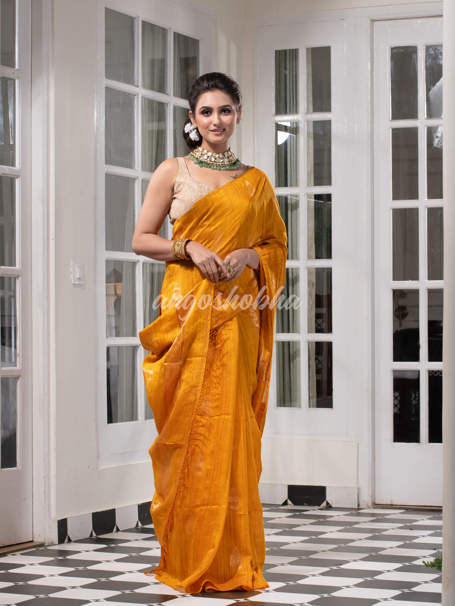 Yellow Matka Body with Golden Motifs & Kolka Pallu Handwoven Saree