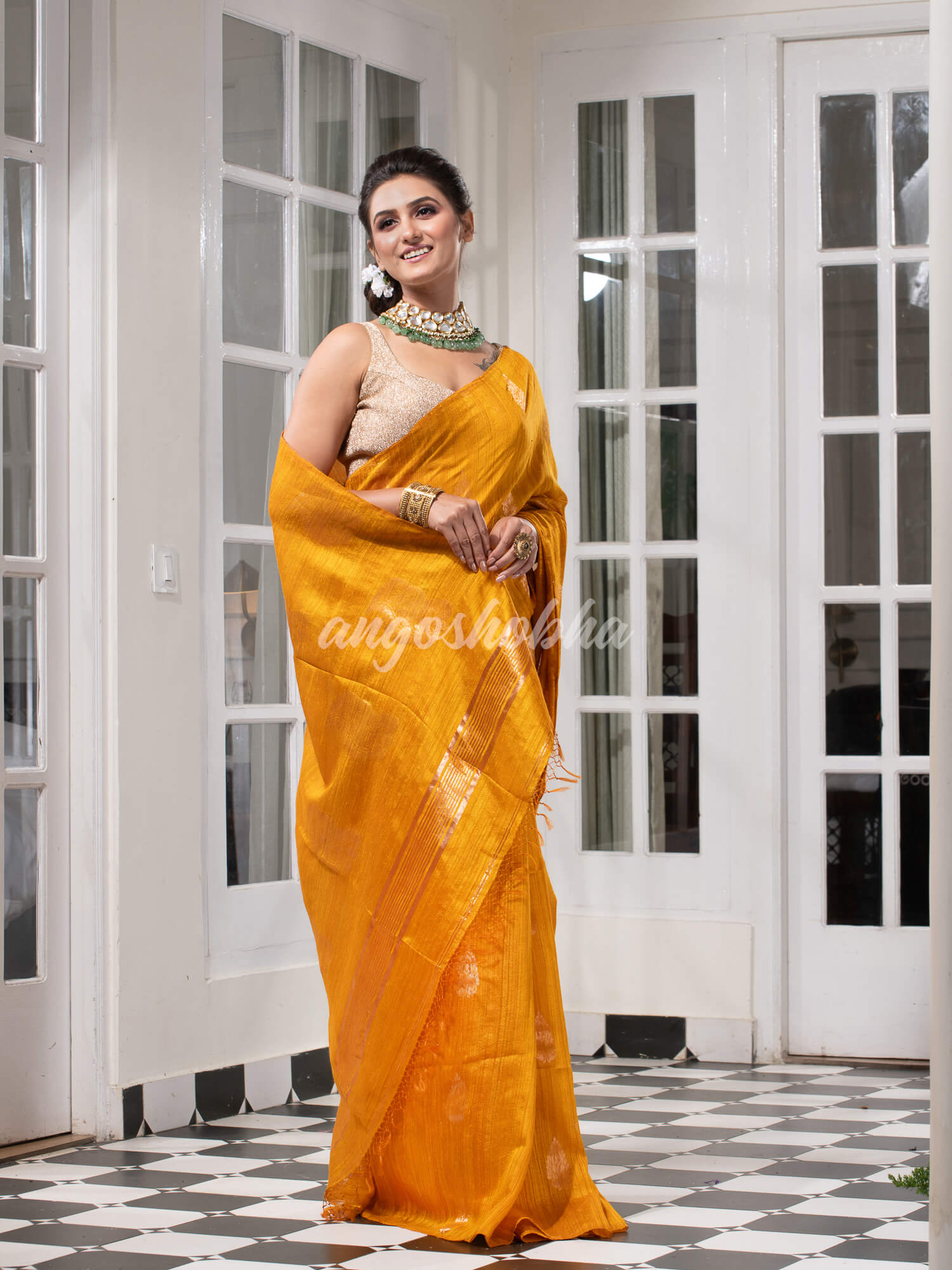 Yellow Matka Body with Golden Motifs & Kolka Pallu Handwoven Saree