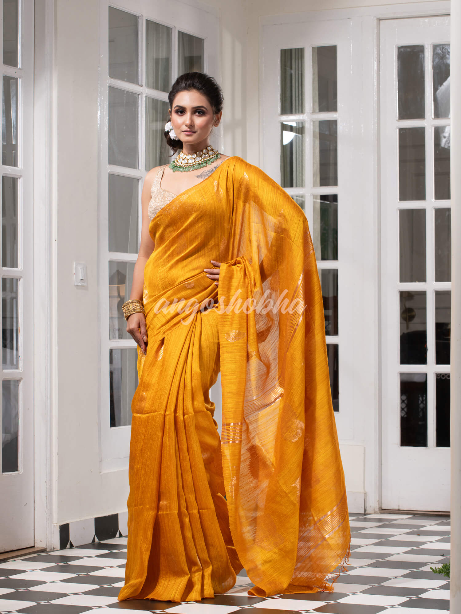Yellow Matka Body with Golden Motifs & Kolka Pallu Handwoven Saree