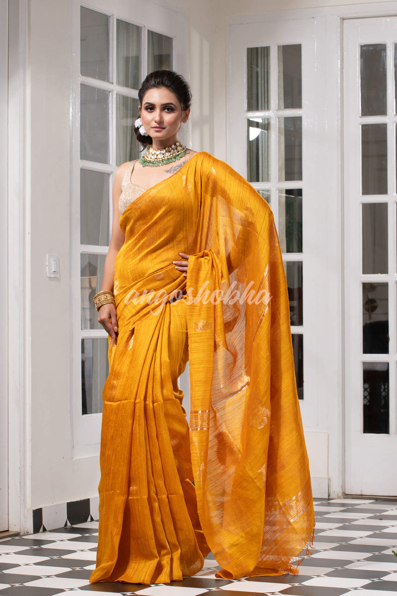 Yellow Matka Body with Golden Motifs & Kolka Pallu Handwoven Saree