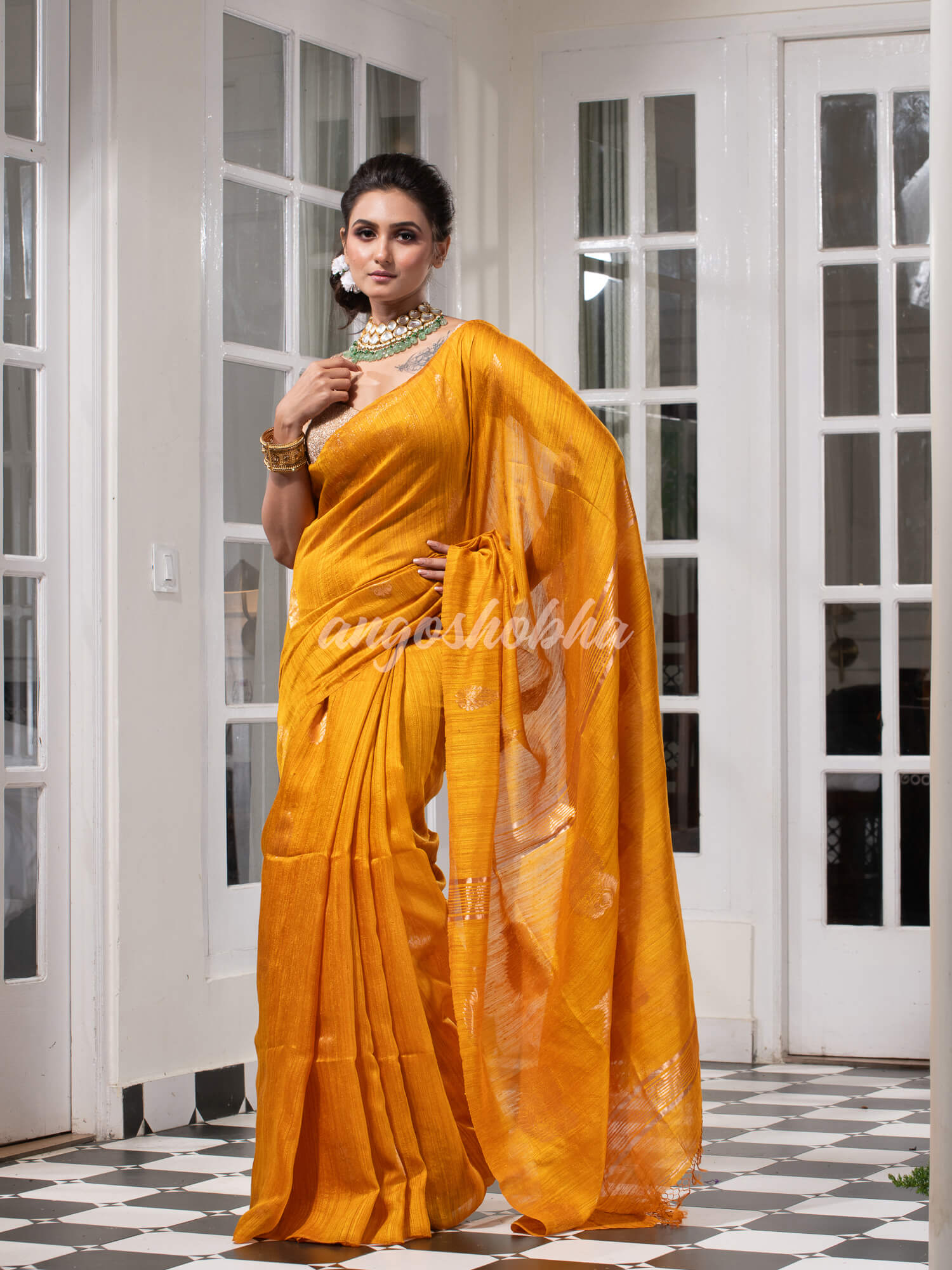 Yellow Matka Body with Golden Motifs & Kolka Pallu Handwoven Saree