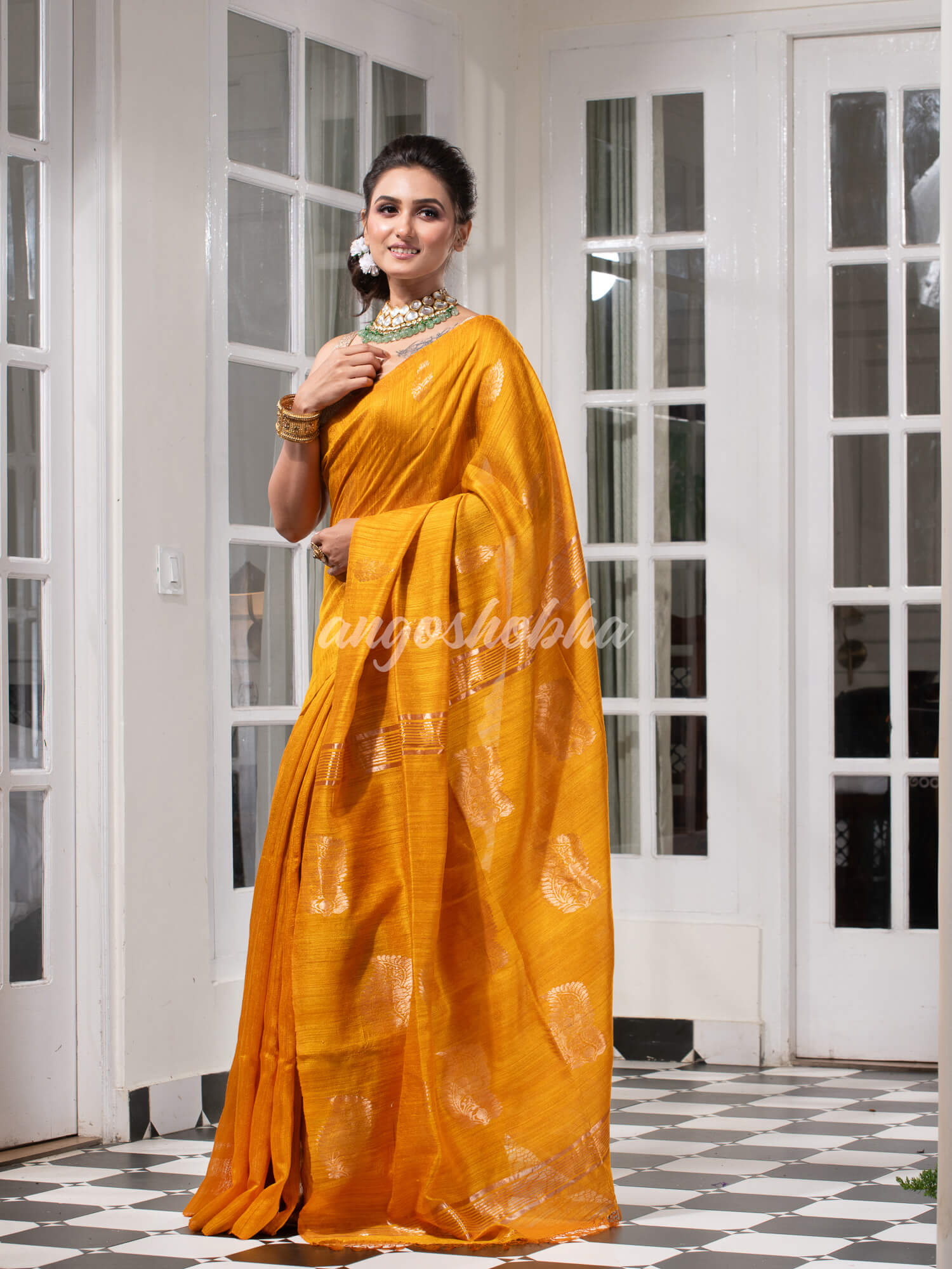 Yellow Matka Body with Golden Motifs & Kolka Pallu Handwoven Saree