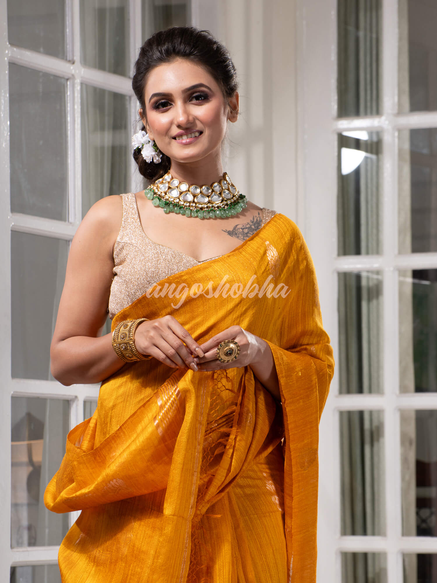 Yellow Matka Body with Golden Motifs & Kolka Pallu Handwoven Saree