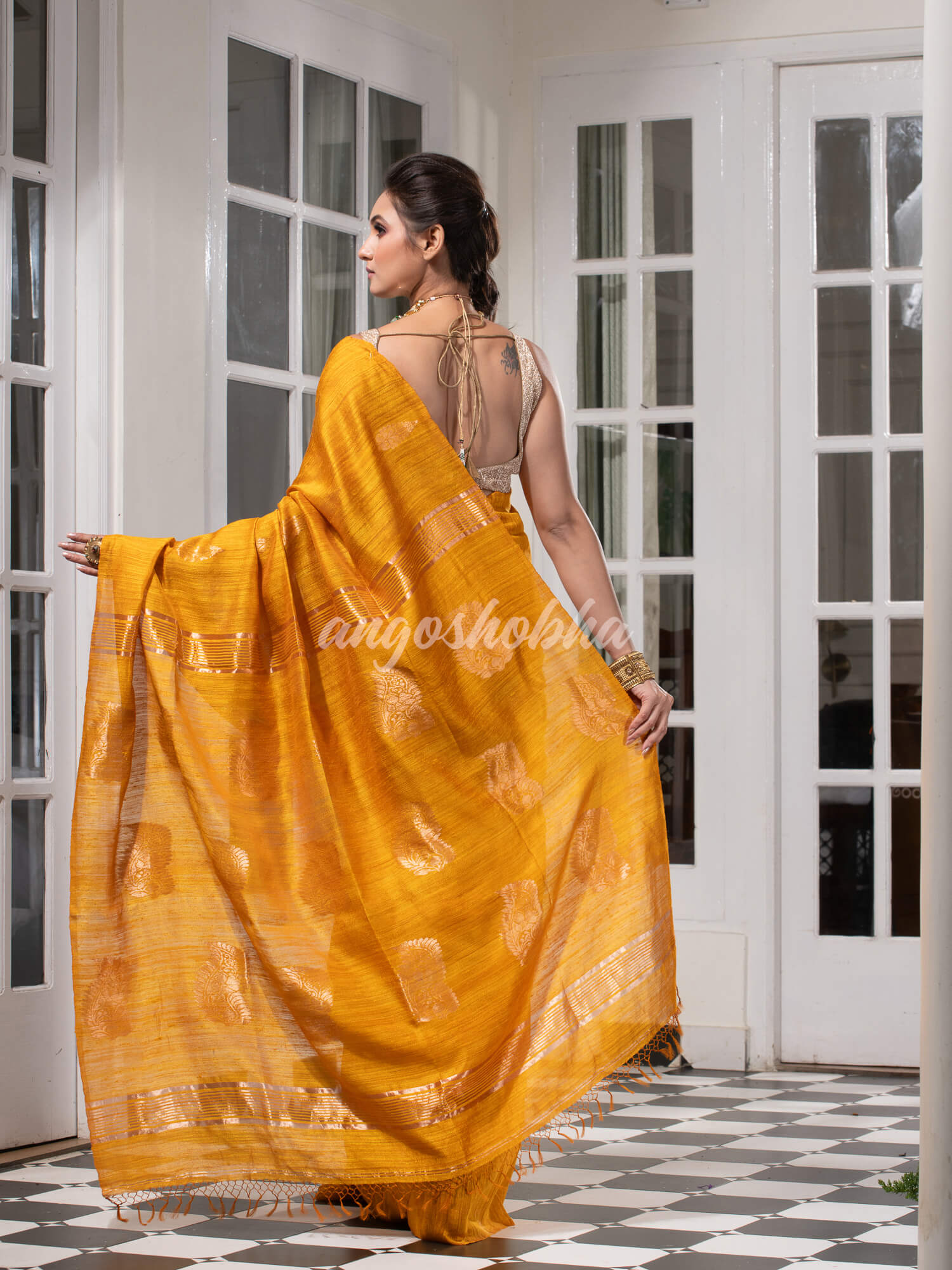 Yellow Matka Body with Golden Motifs & Kolka Pallu Handwoven Saree