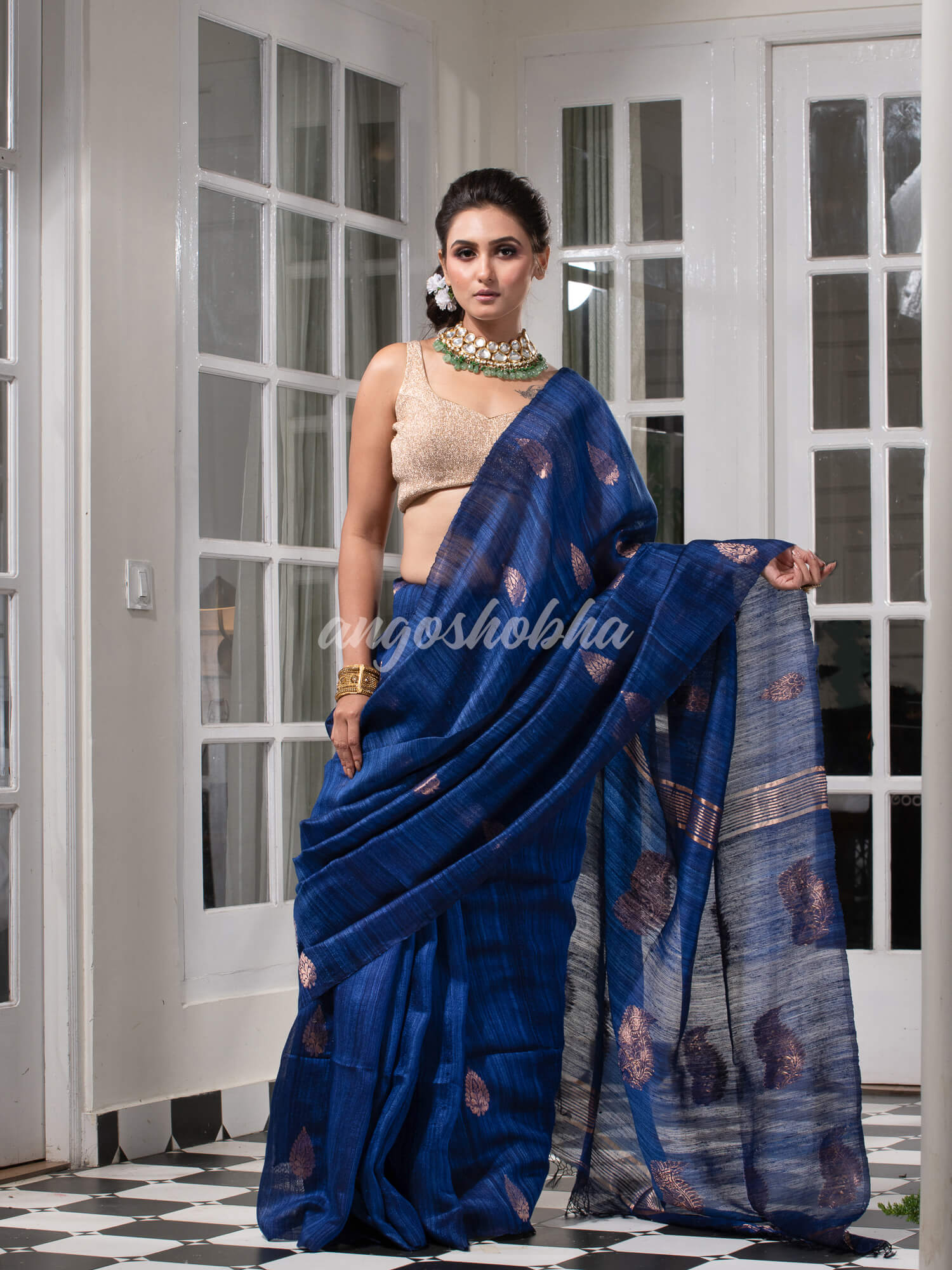 Navy Blue Matka Body with Golden Motifs & Kolka Pallu Handwoven Saree