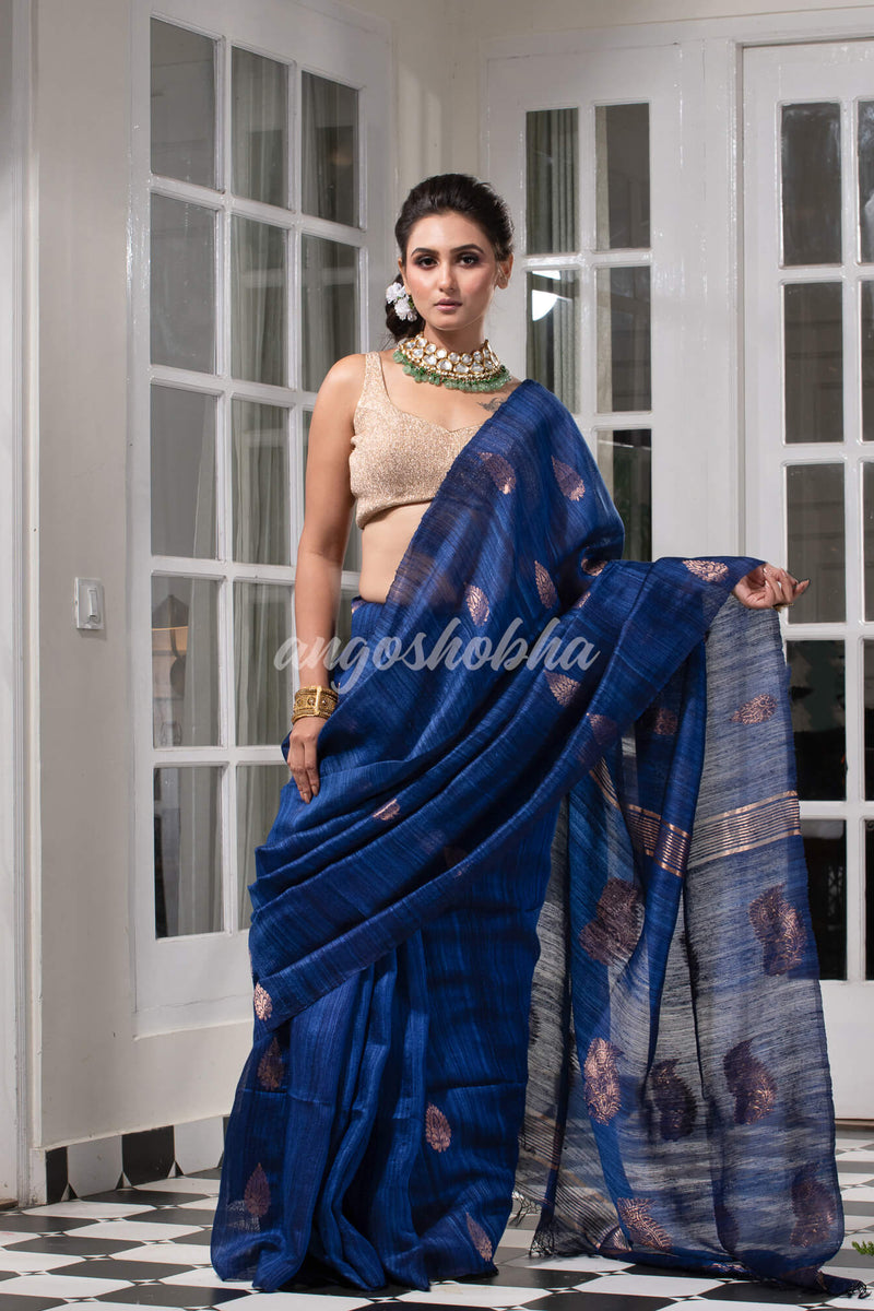 Navy Blue Matka Body with Golden Motifs & Kolka Pallu Handwoven Saree
