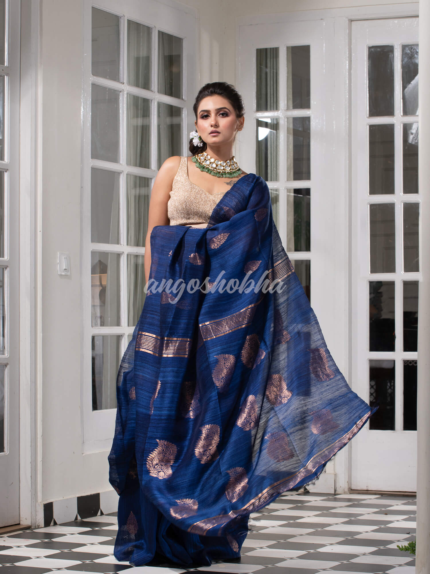 Navy Blue Matka Body with Golden Motifs & Kolka Pallu Handwoven Saree