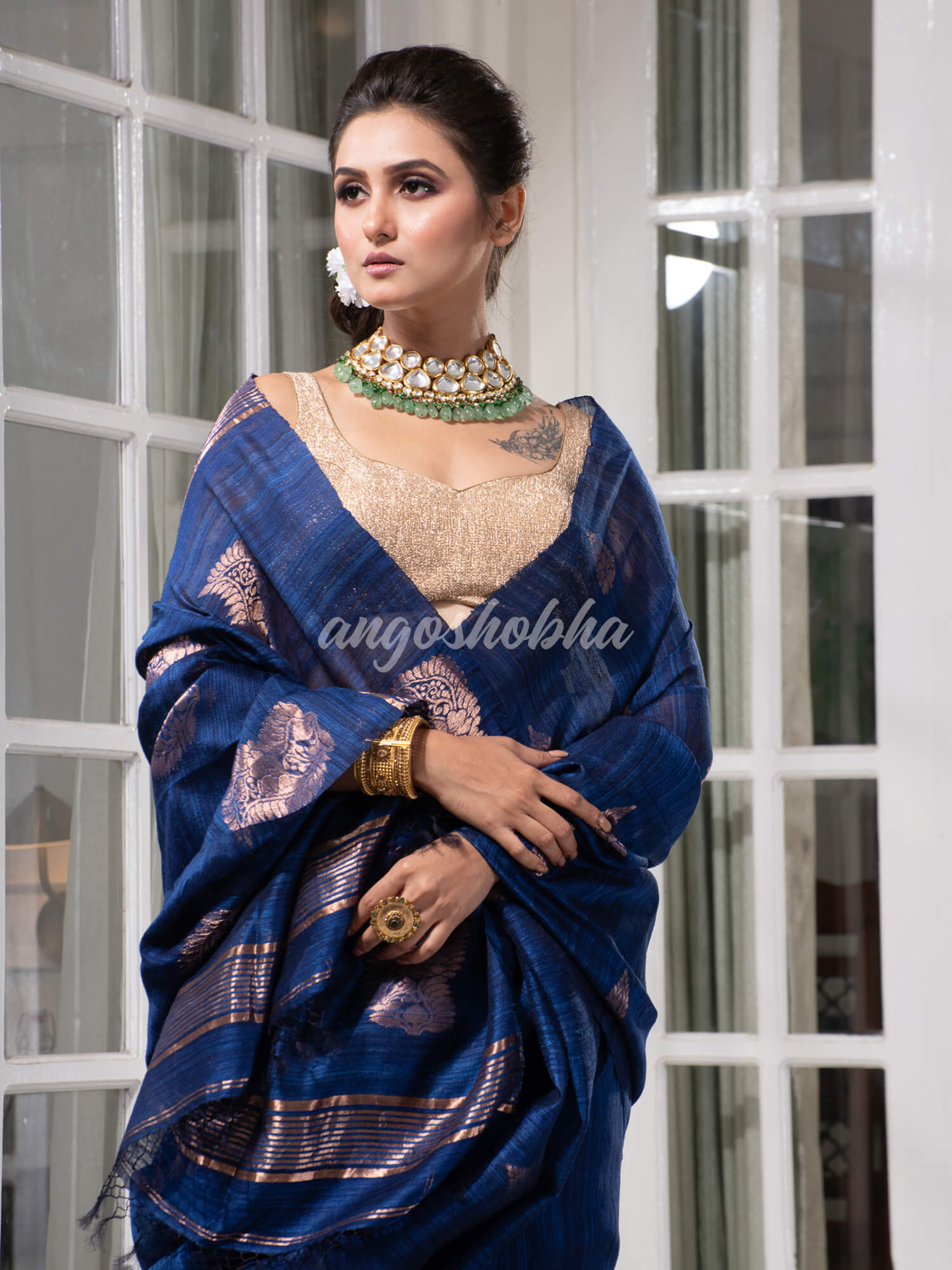 Navy Blue Matka Body with Golden Motifs & Kolka Pallu Handwoven Saree
