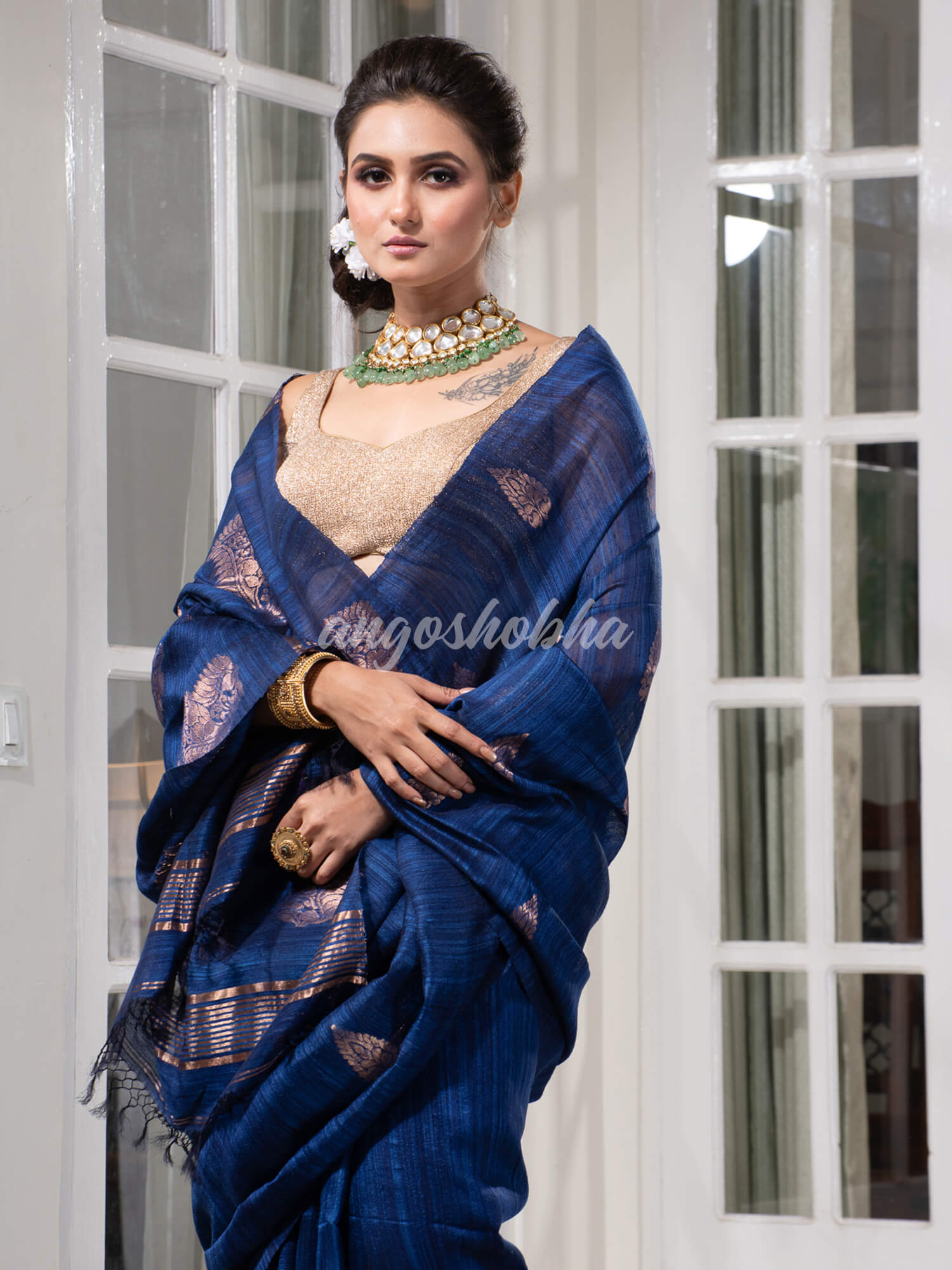 Navy Blue Matka Body with Golden Motifs & Kolka Pallu Handwoven Saree