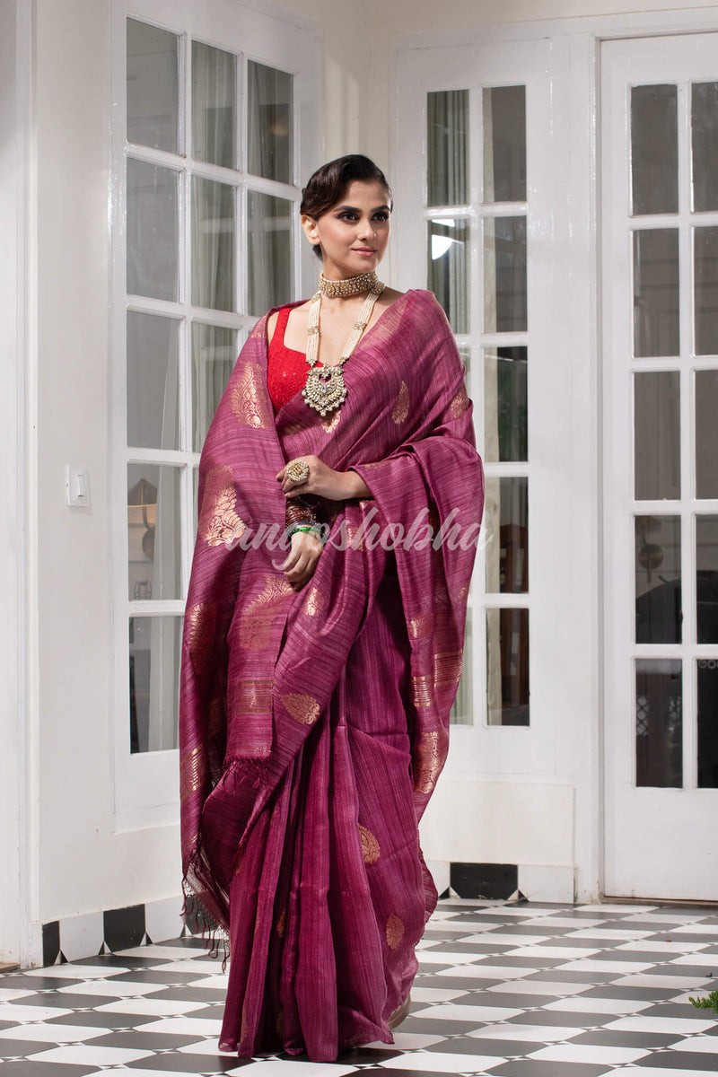 Wine  Matka Body with Golden Motifs & Kolka Pallu Handwoven Saree