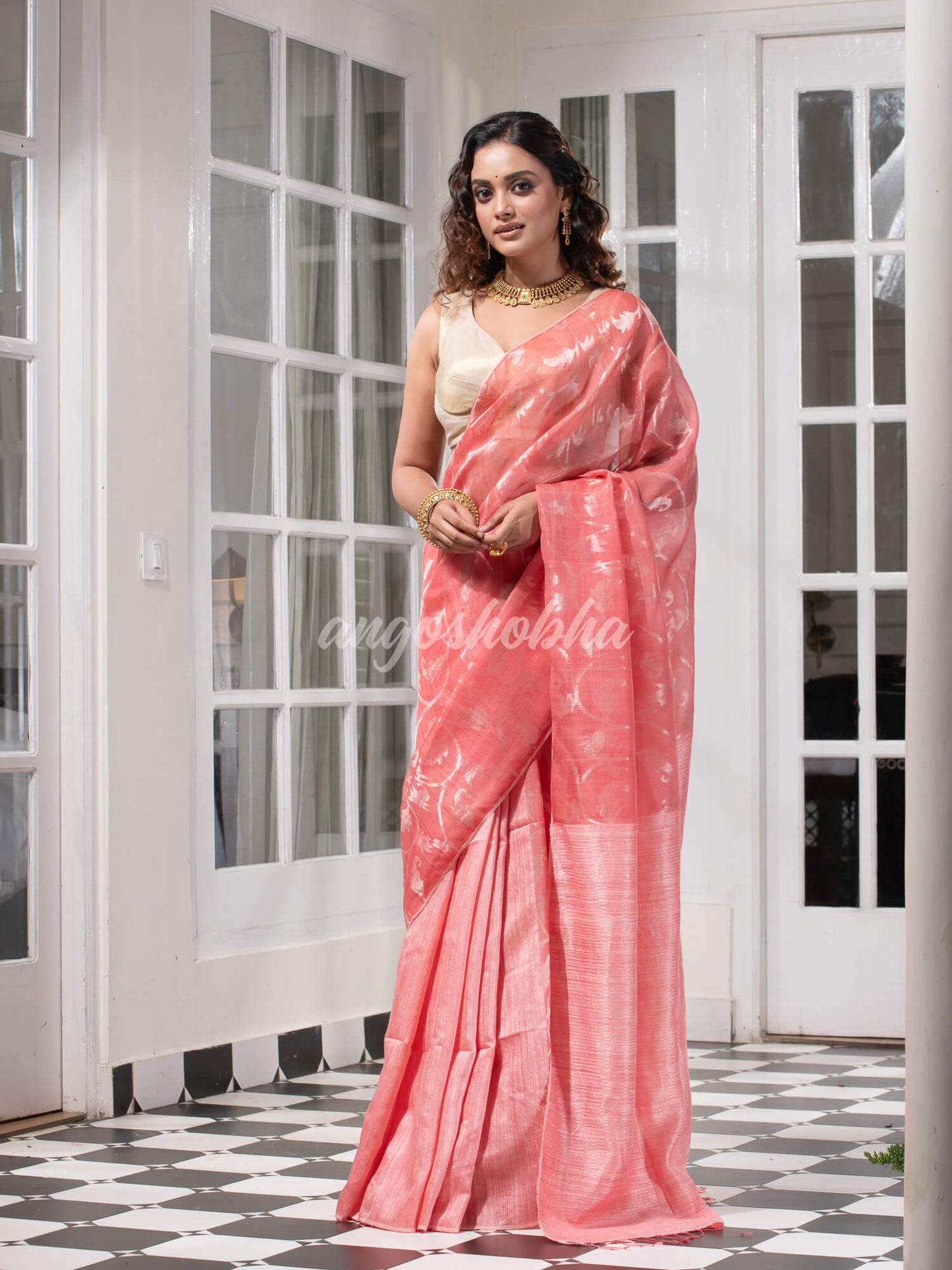 Libas Pink Silk Matka Body Creeper Design all over Silver Zari Check Pallu Handwoven Saree