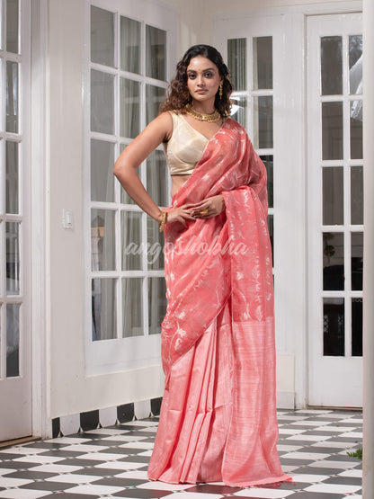 Libas Pink Silk Matka Body Creeper Design all over Silver Zari Check Pallu Handwoven Saree