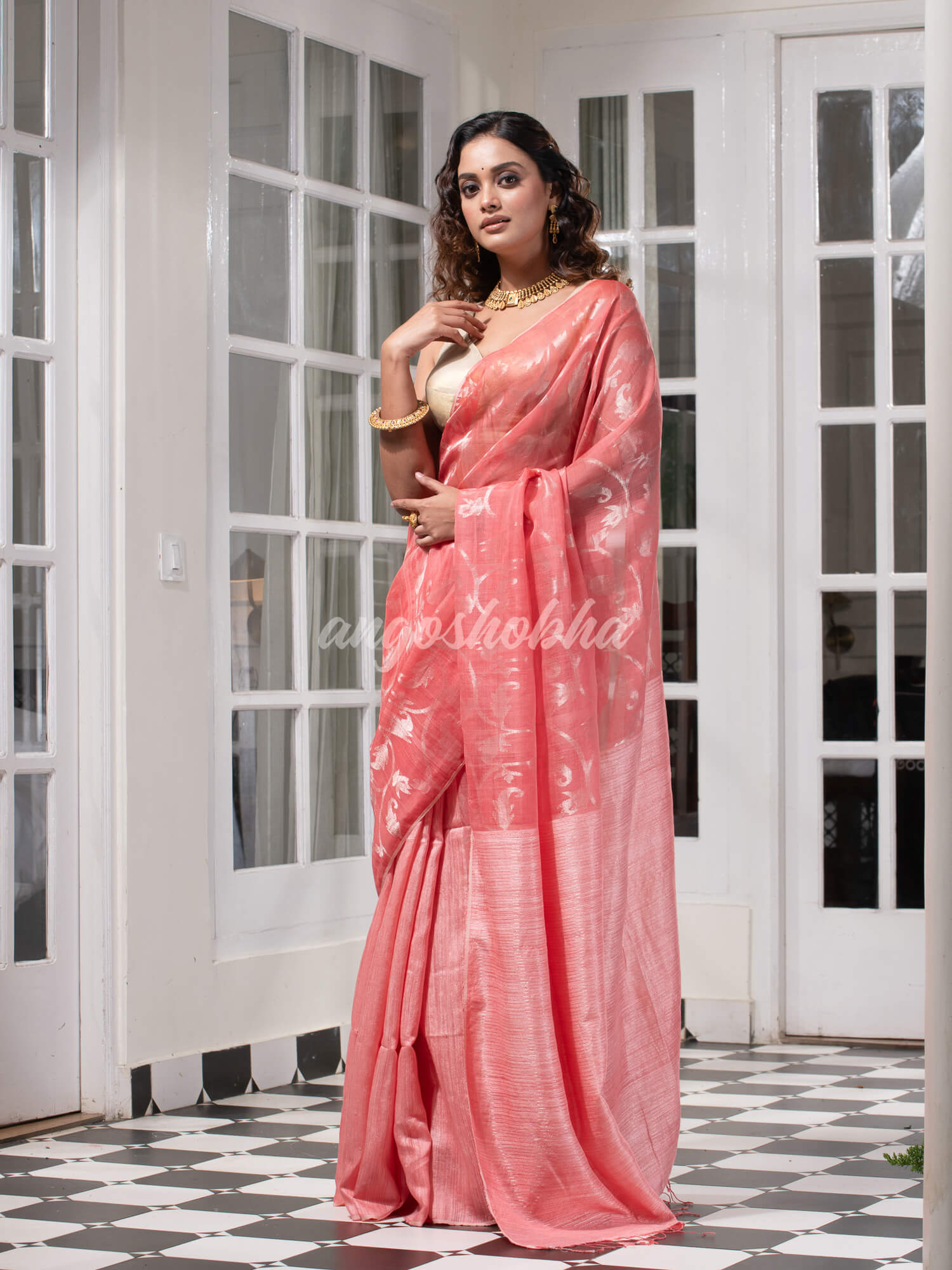 Libas Pink Silk Matka Body Creeper Design all over Silver Zari Check Pallu Handwoven Saree