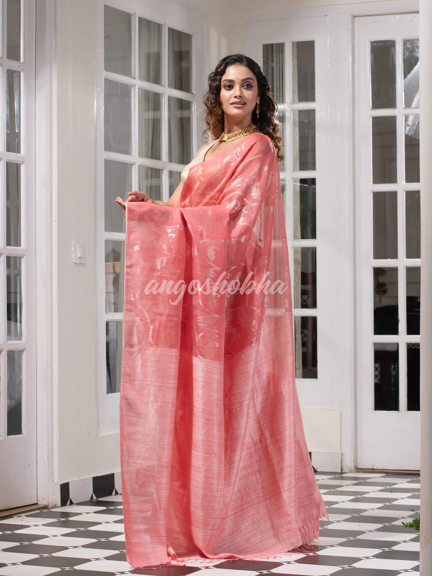 Libas Pink Silk Matka Body Creeper Design all over Silver Zari Check Pallu Handwoven Saree