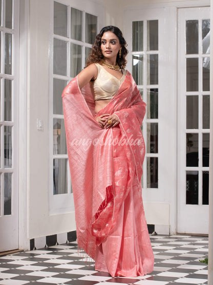 Libas Pink Silk Matka Body Creeper Design all over Silver Zari Check Pallu Handwoven Saree