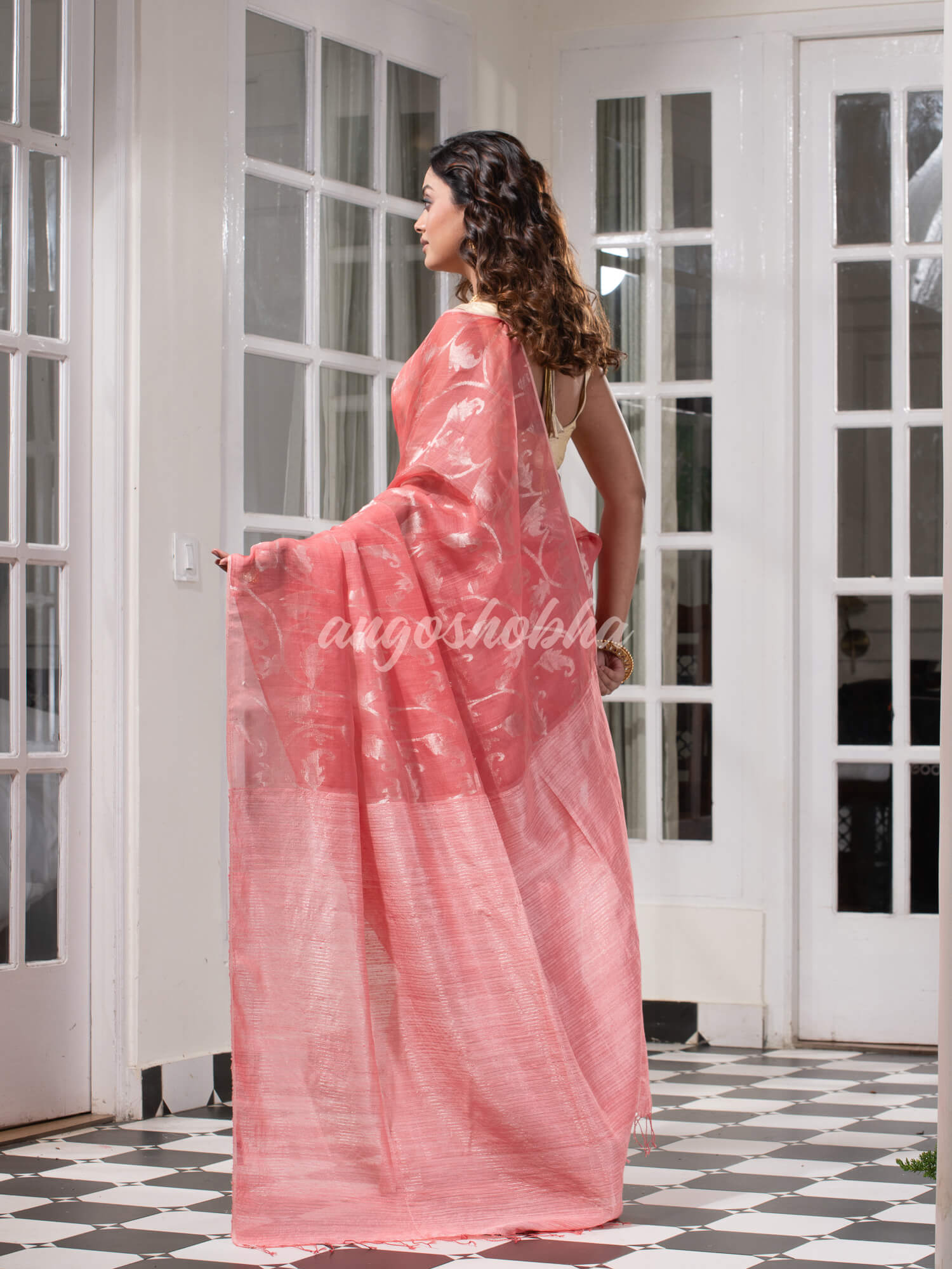 Libas Pink Silk Matka Body Creeper Design all over Silver Zari Check Pallu Handwoven Saree