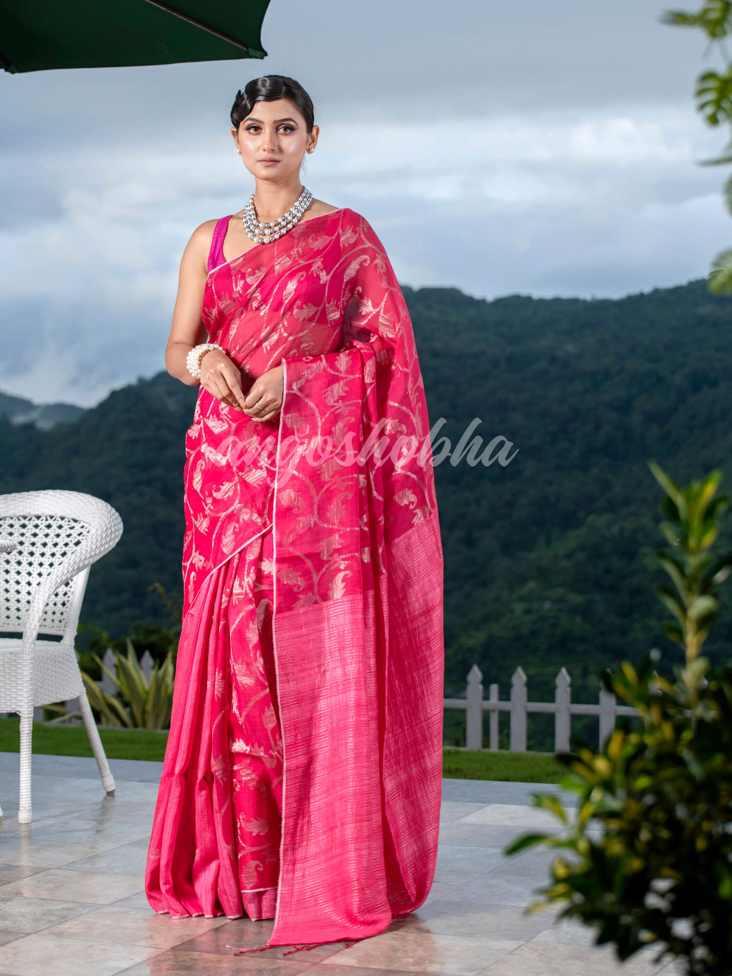 Pink Silk Matka Body Creeper Design all over Silver Zari Check Pallu Handwoven Saree