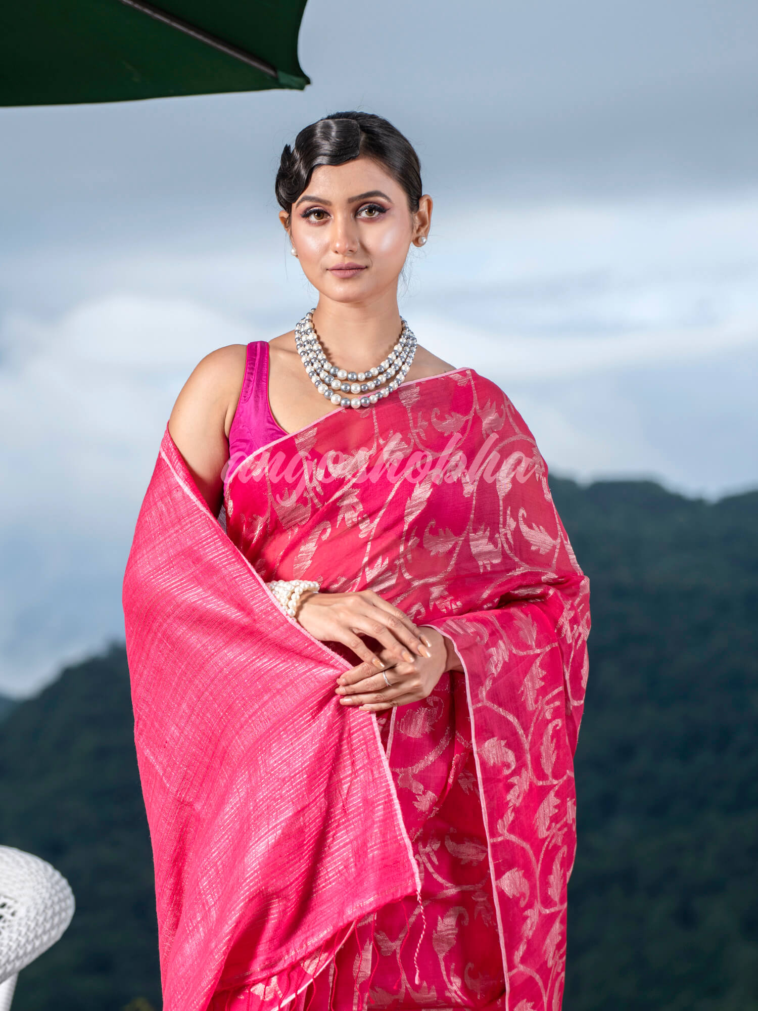 Pink Silk Matka Body Creeper Design all over Silver Zari Check Pallu Handwoven Saree