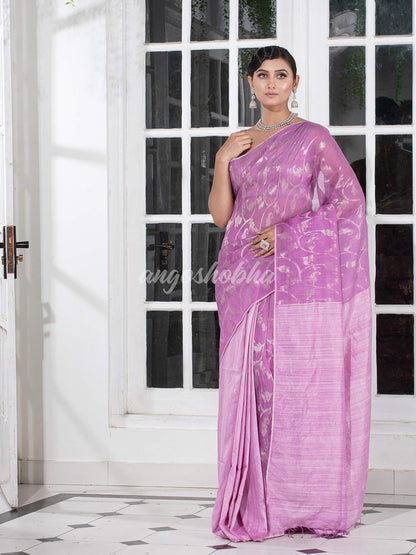 Lavender Silk Matka Body Creeper Design all over Silver Zari Check Pallu Handwoven Saree