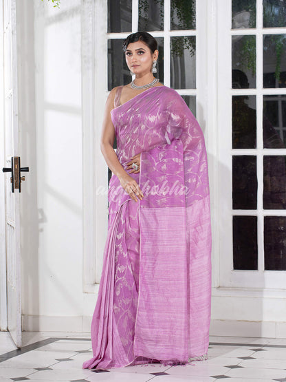 Lavender Silk Matka Body Creeper Design all over Silver Zari Check Pallu Handwoven Saree