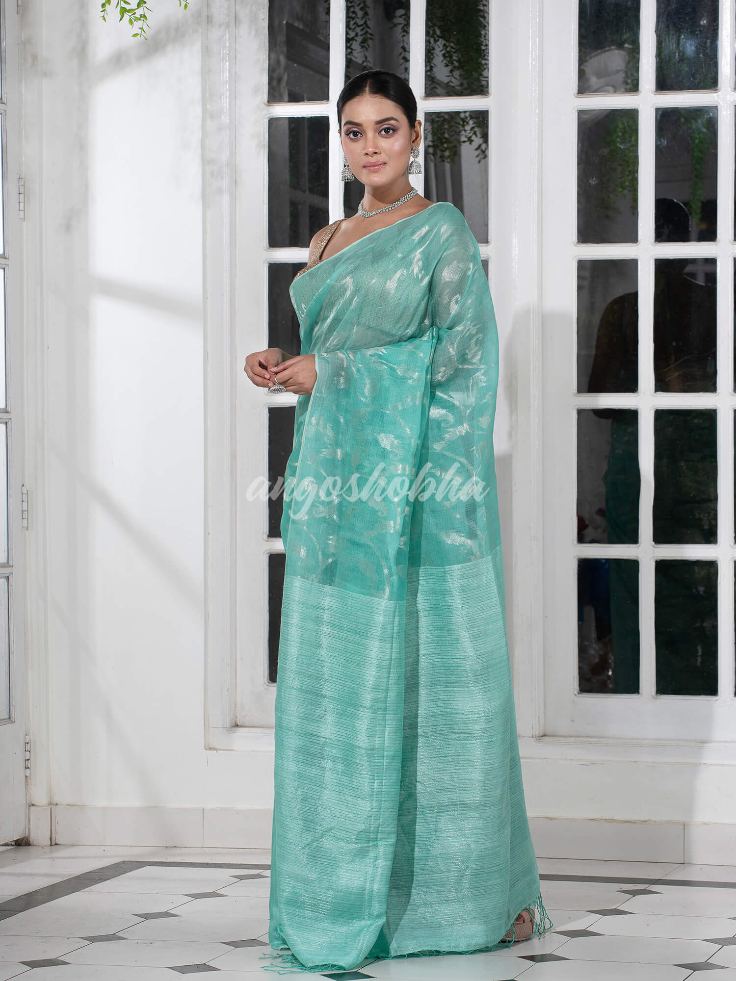 Aqua Silk Matka Body Creeper Design all over Silver Zari Check Pallu Handwoven Saree