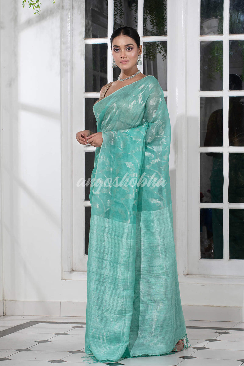 Aqua Silk Matka Body Creeper Design all over Silver Zari Check Pallu Handwoven Saree