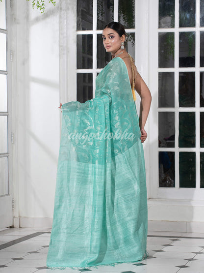 Aqua Silk Matka Body Creeper Design all over Silver Zari Check Pallu Handwoven Saree