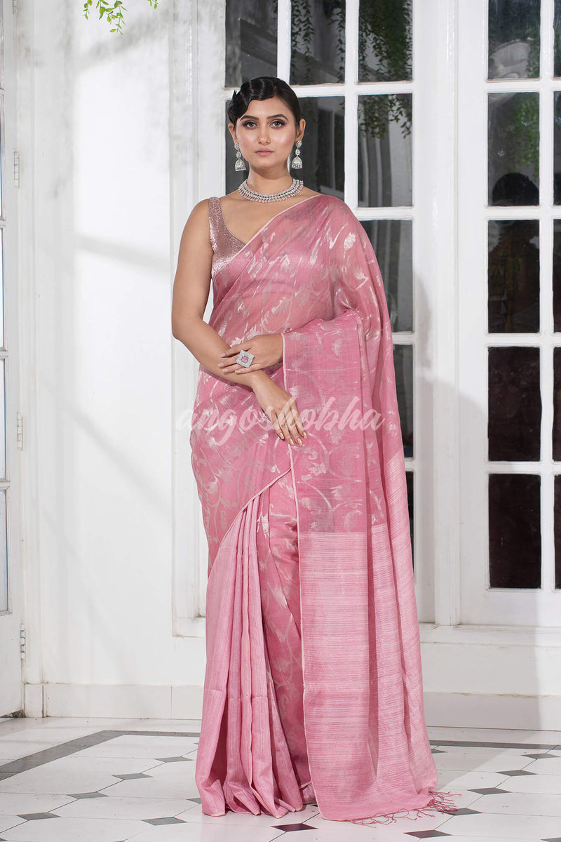 Onion Pink Silk Matka Body Creeper Design all over Silver Zari Check Pallu Handwoven Saree