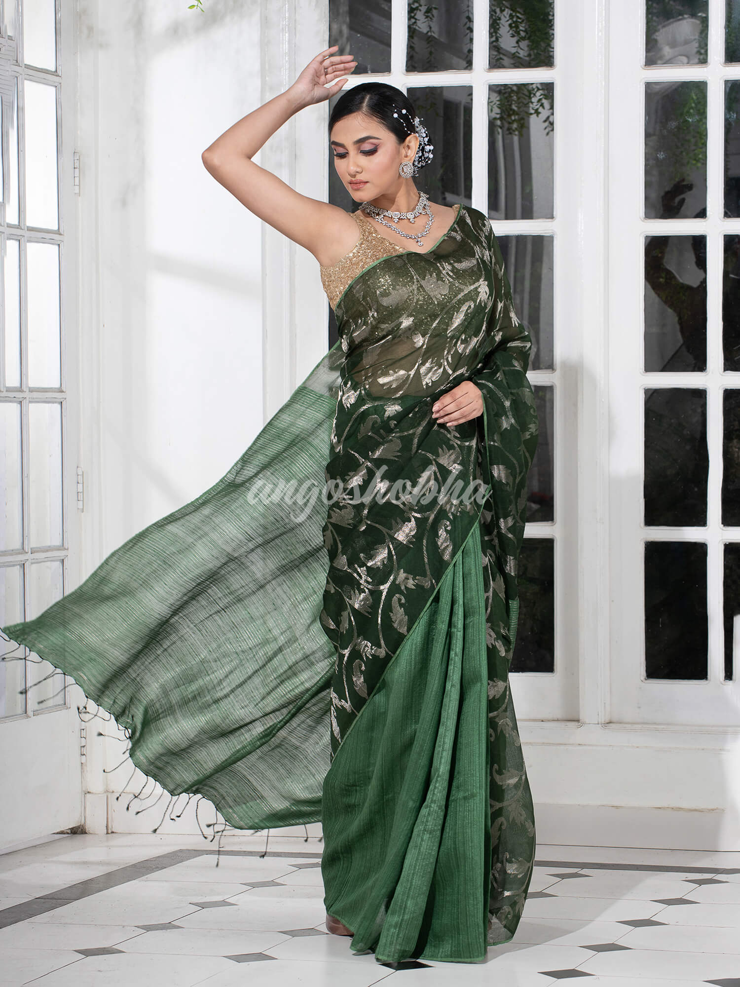 Dark Green Silk Matka Body Creeper Design all over Silver Zari Check Pallu Handwoven Saree