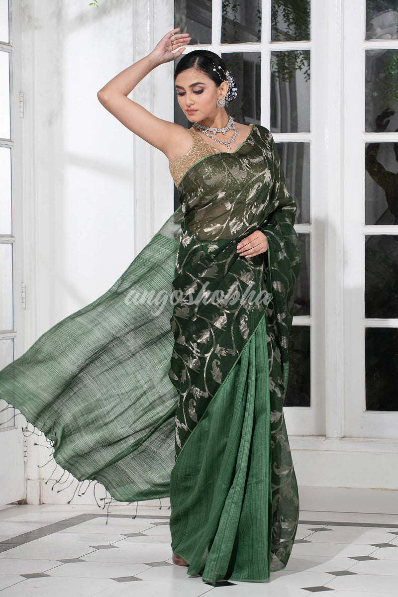 Dark Green Silk Matka Body Creeper Design all over Silver Zari Check Pallu Handwoven Saree