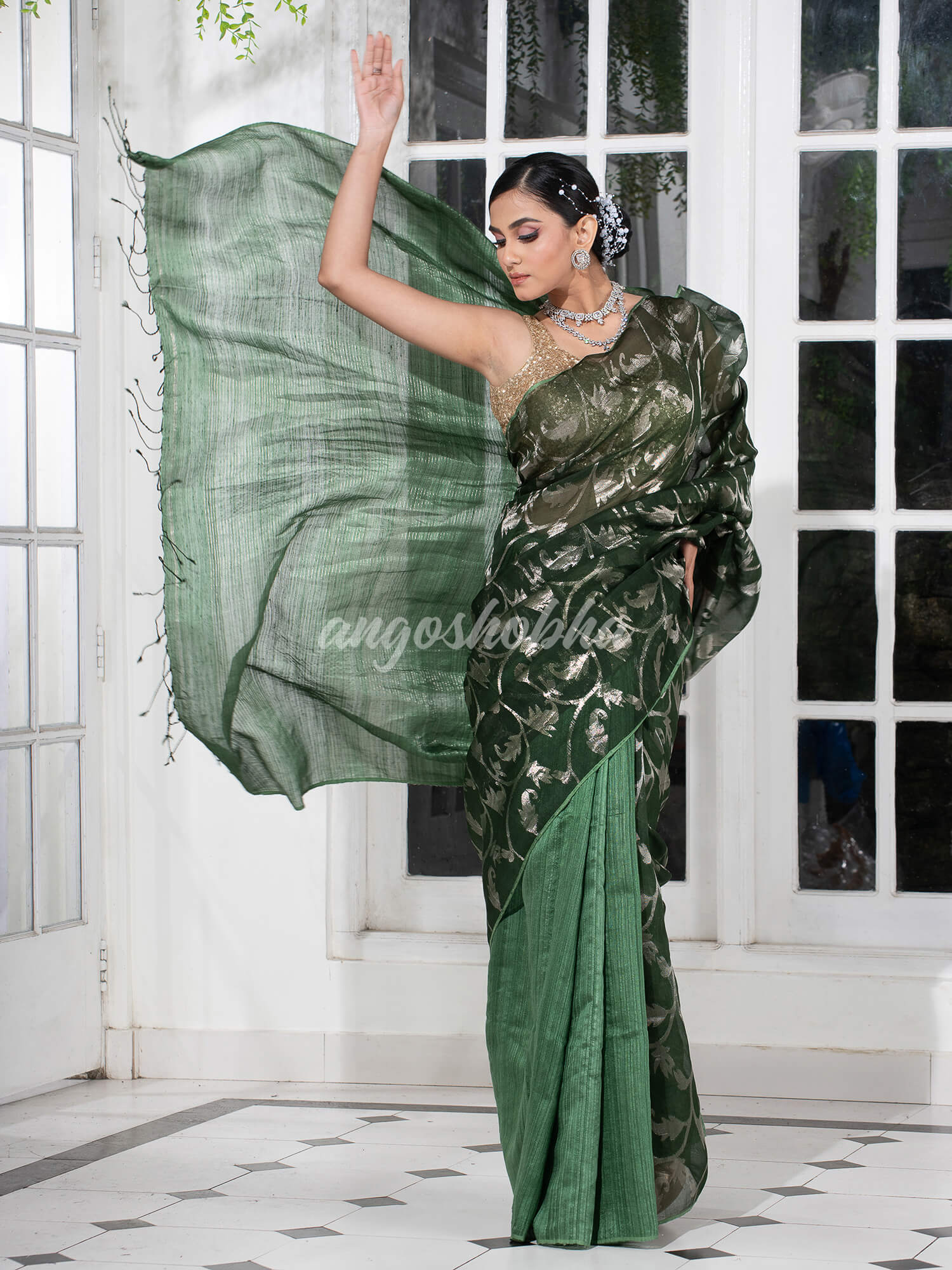 Dark Green Silk Matka Body Creeper Design all over Silver Zari Check Pallu Handwoven Saree